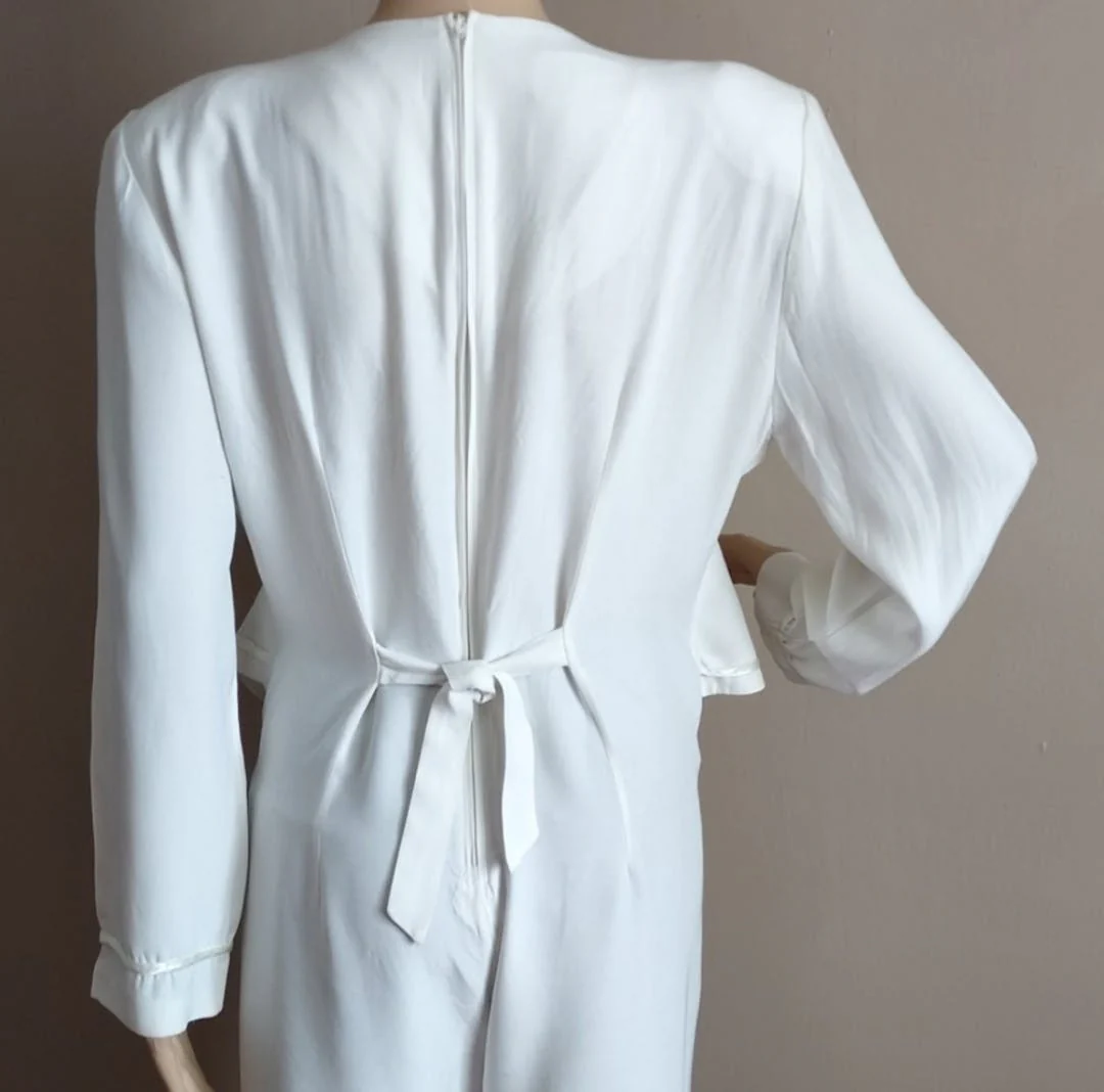 80's White Satin Swirl Jumpsuit by D J Summers - Image 5