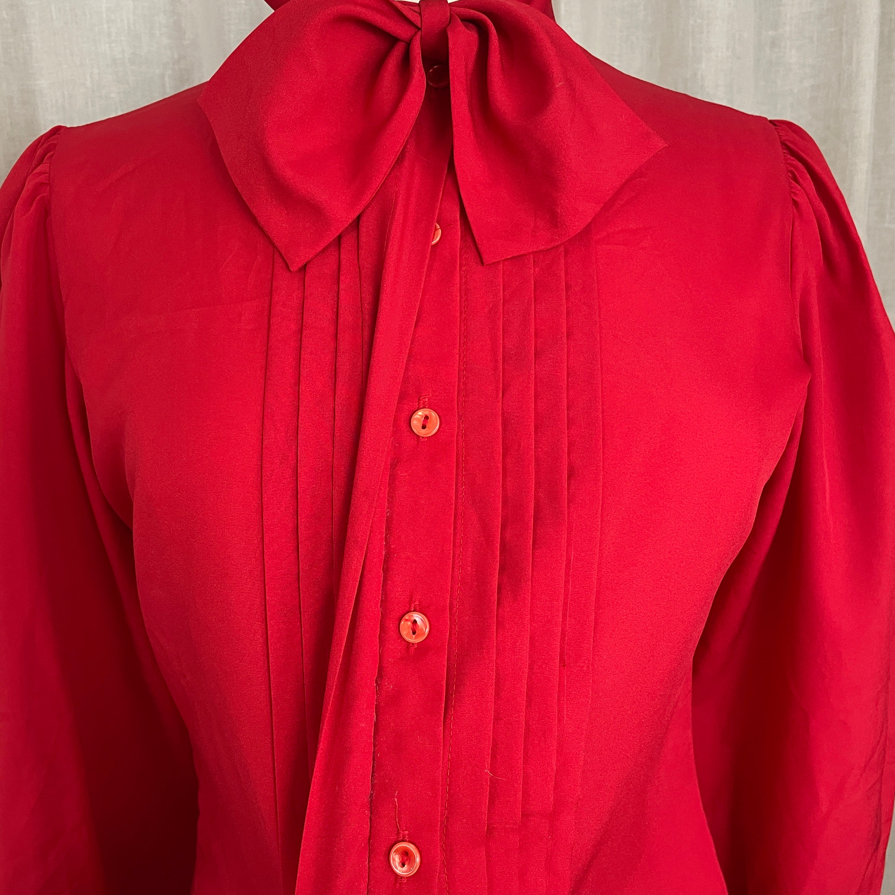 80s Secretary Blouse Sz 10 Red Button Bow Puff Sleeve By Aspirations by Judy Bond - Image 6