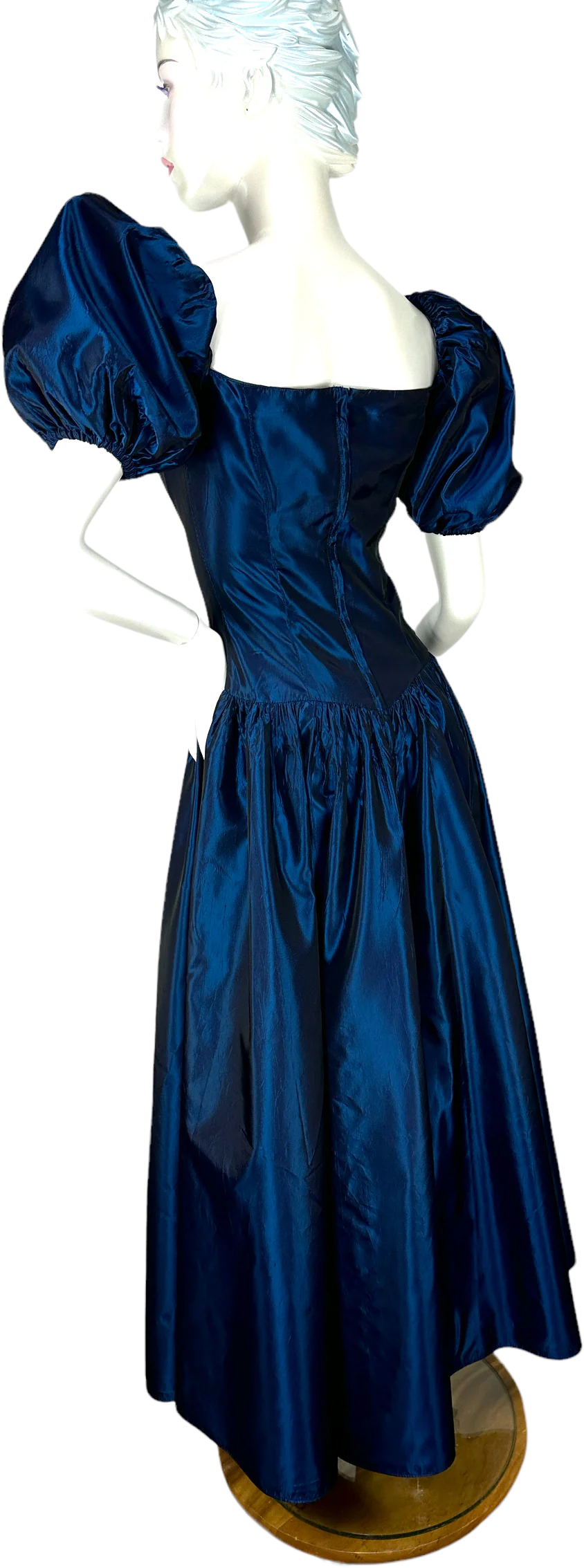 80s Sharkskin Taffeta Blue Gown With Puffed Sleeves - Image 2