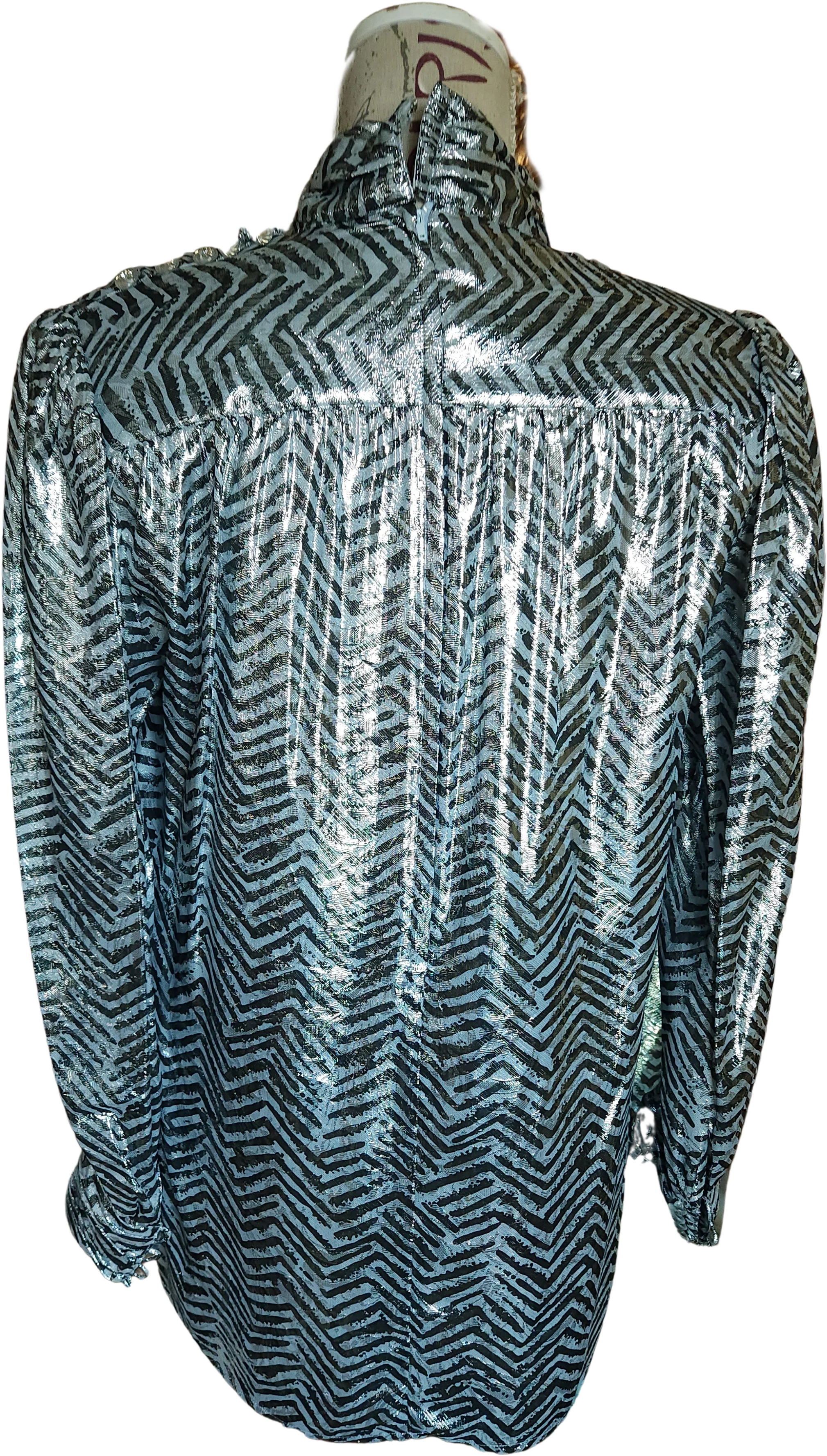 80s Shiny Metallic Silver And Black Zig Zag Blouse By Oleg Cassini - Image 2