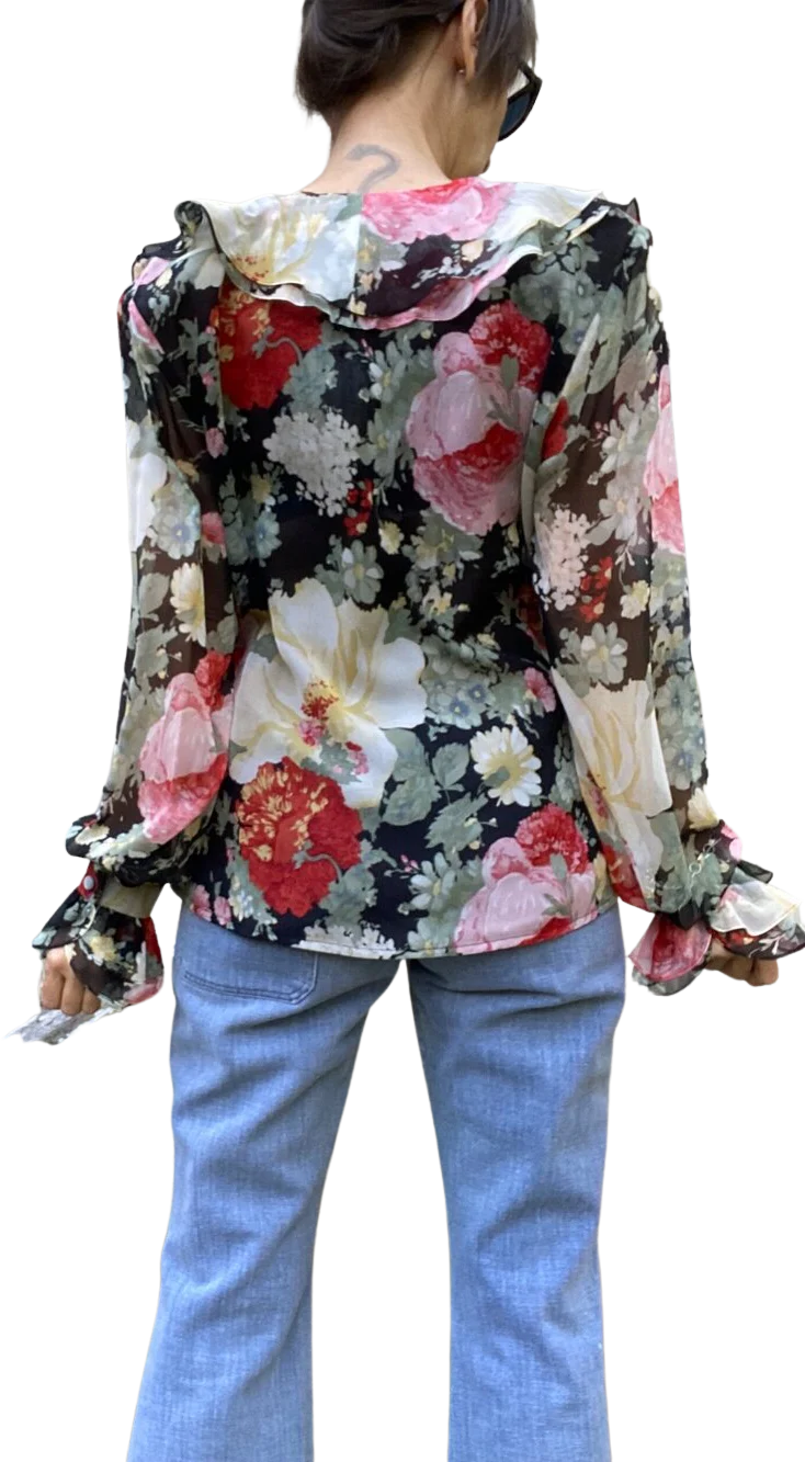 80s Silk Chiffon Dark Floral Wrap Blouse Nos By Jerri Sherman - Image 2