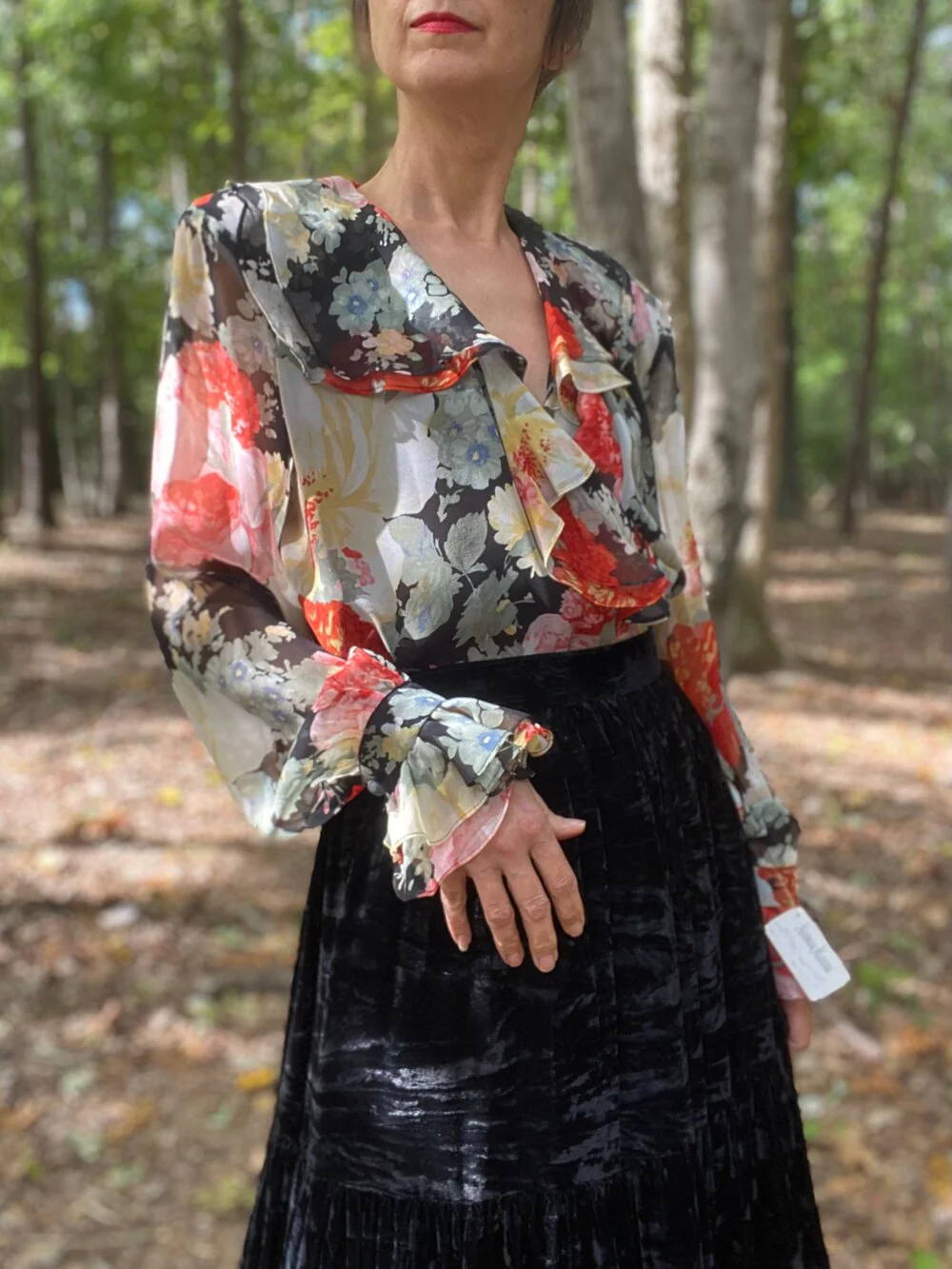 80s Silk Chiffon Dark Floral Wrap Blouse Nos By Jerri Sherman - Image 7
