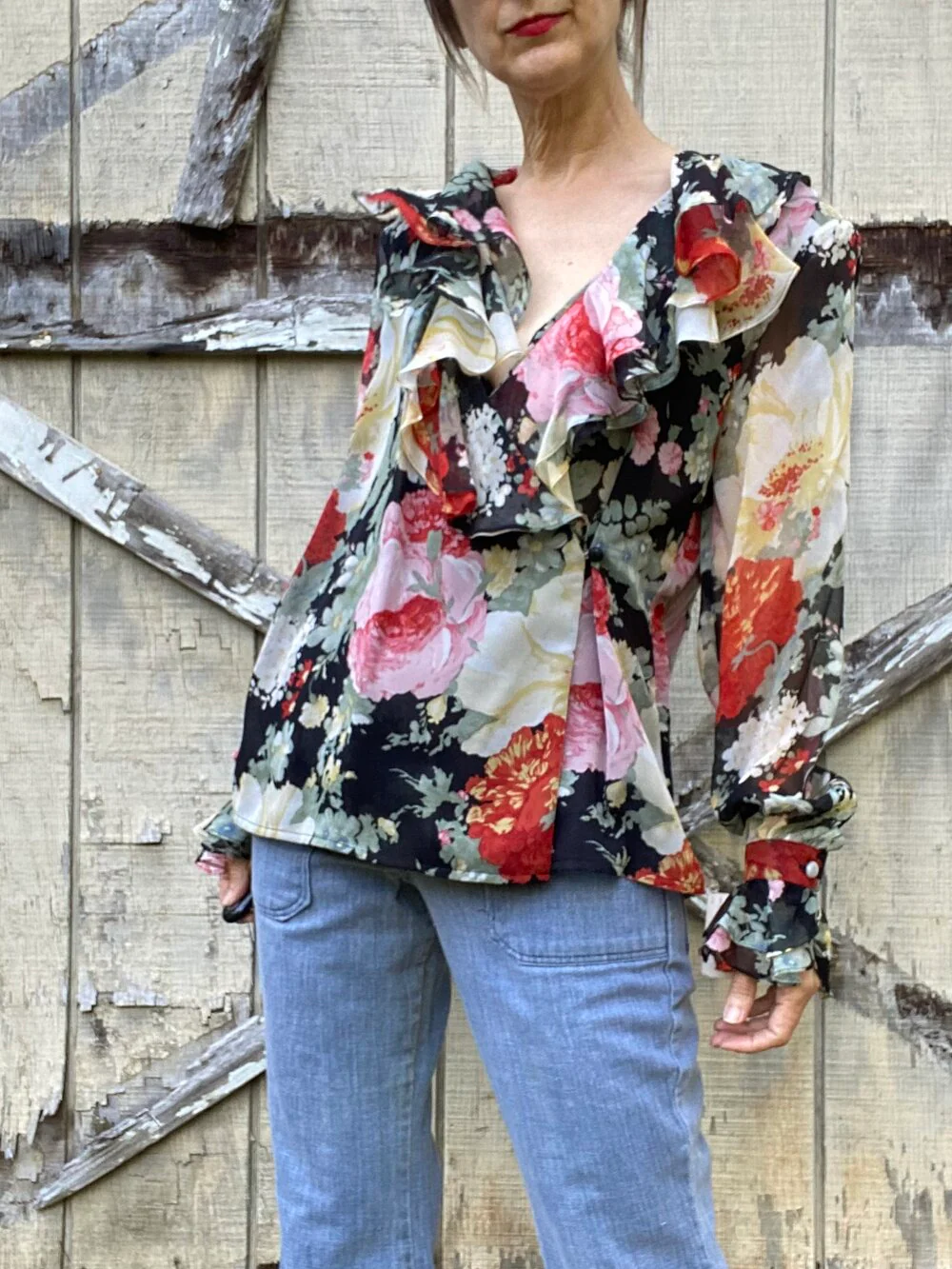 80s Silk Chiffon Dark Floral Wrap Blouse Nos By Jerri Sherman - Image 9