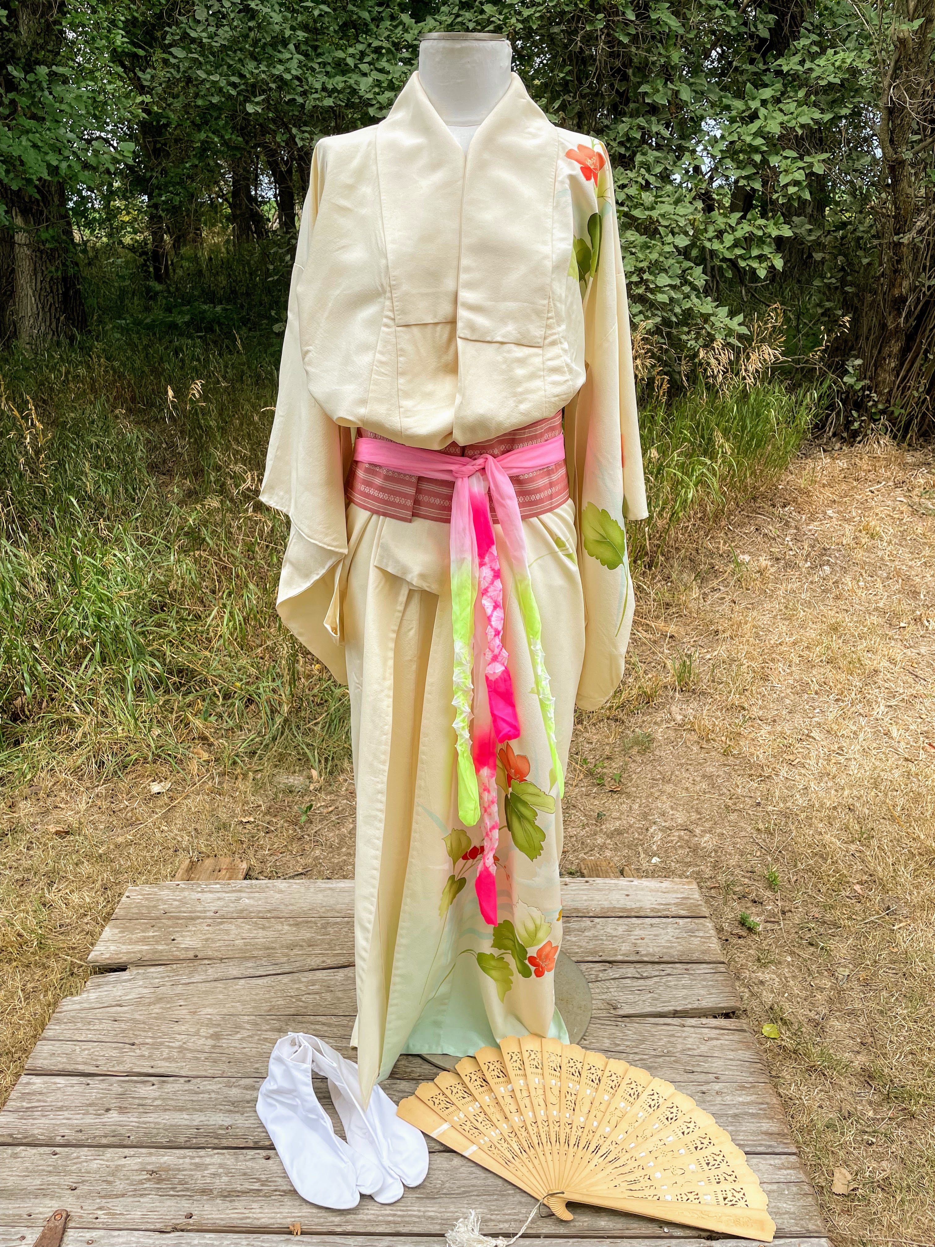 80s Silk Kimono Obi Belt, Shoes, Slip, Fan - Image 3