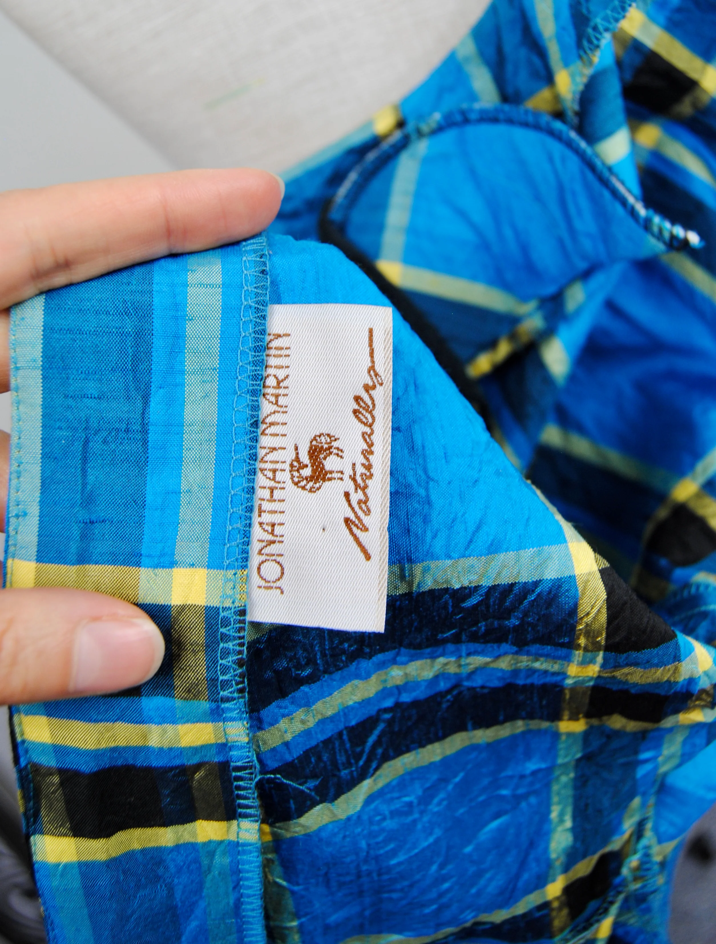 80s Silk Low Back Blue Plaid Blouse By Jonathan Martin - Image 15