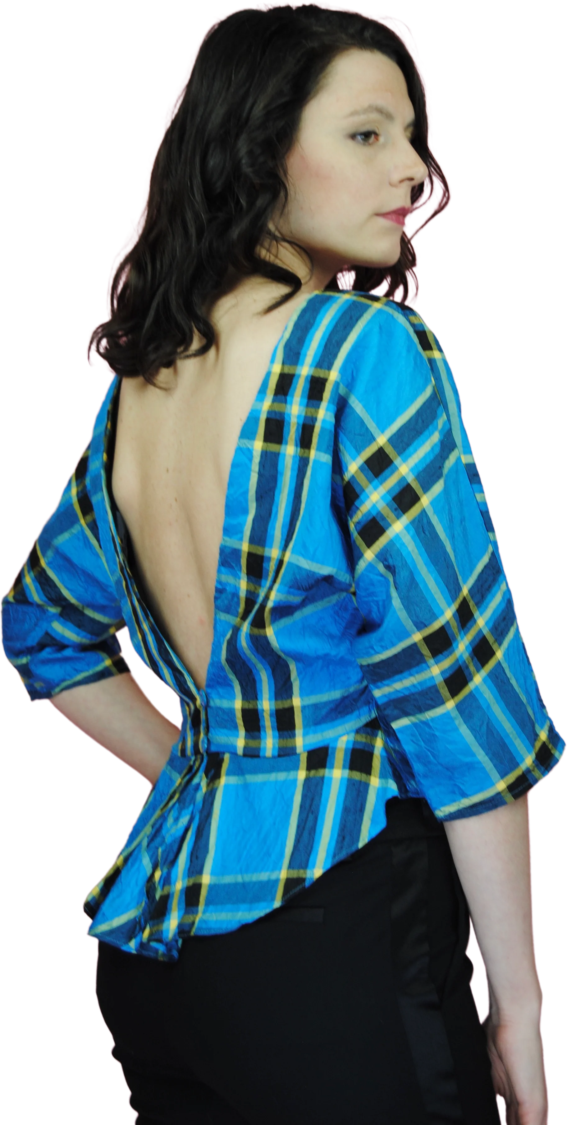 80s Silk Low Back Blue Plaid Blouse By Jonathan Martin - Image 2