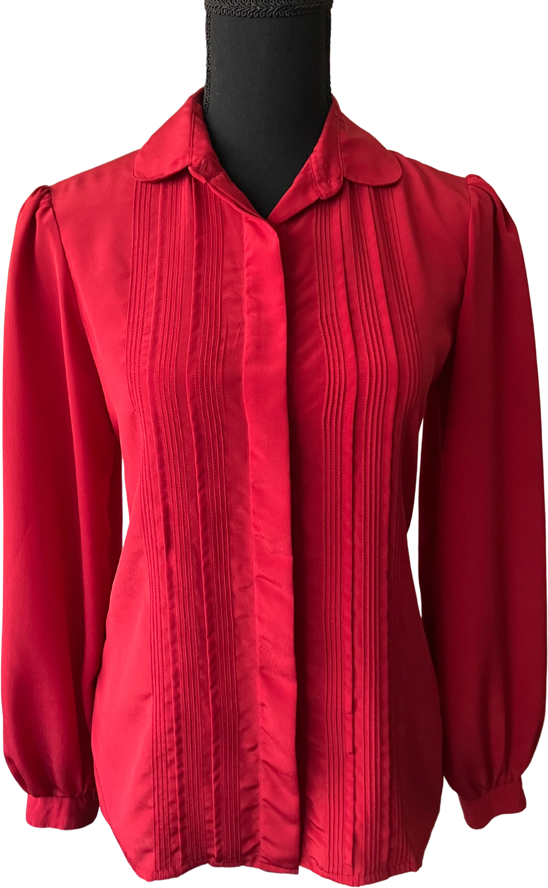 80s Silky Red Button Down Blouse With Front Pleats By David Matthew