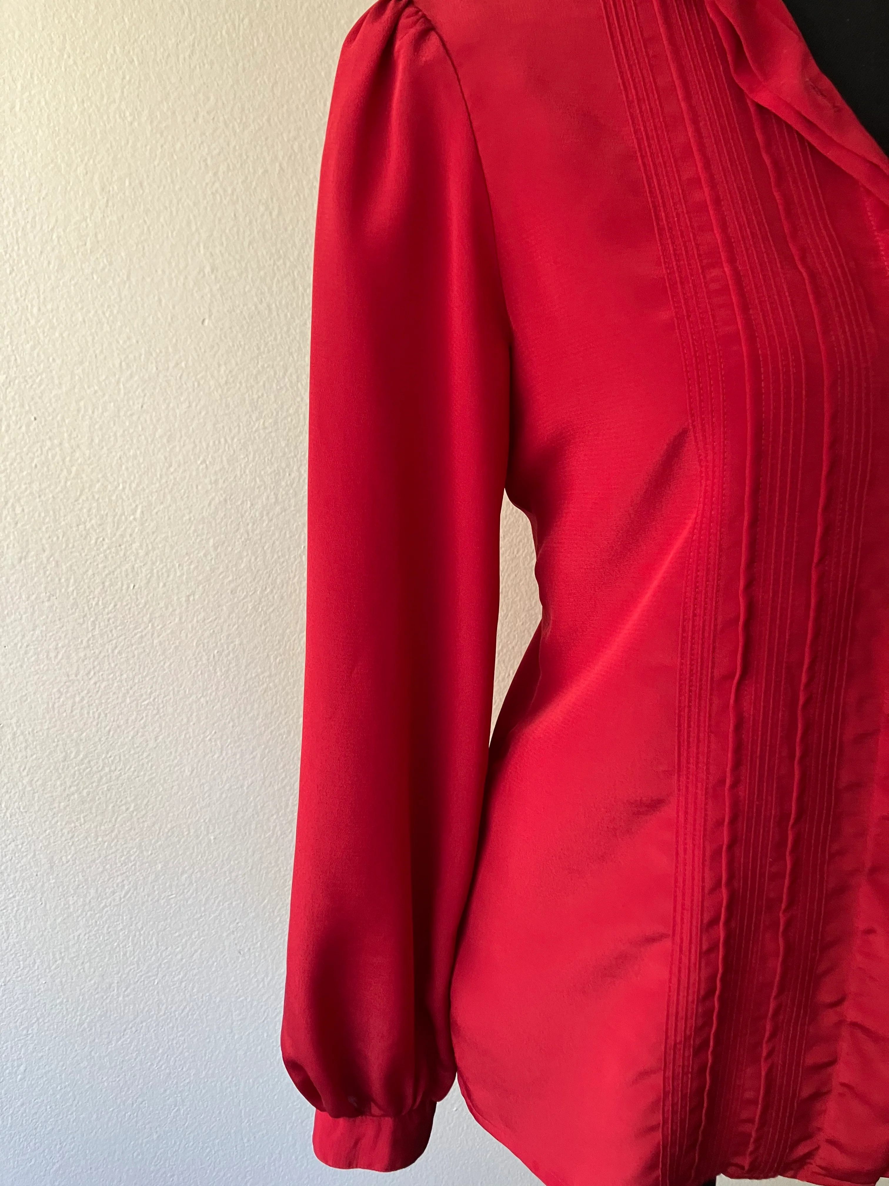 80s Silky Red Button Down Blouse With Front Pleats By David Matthew - Image 3