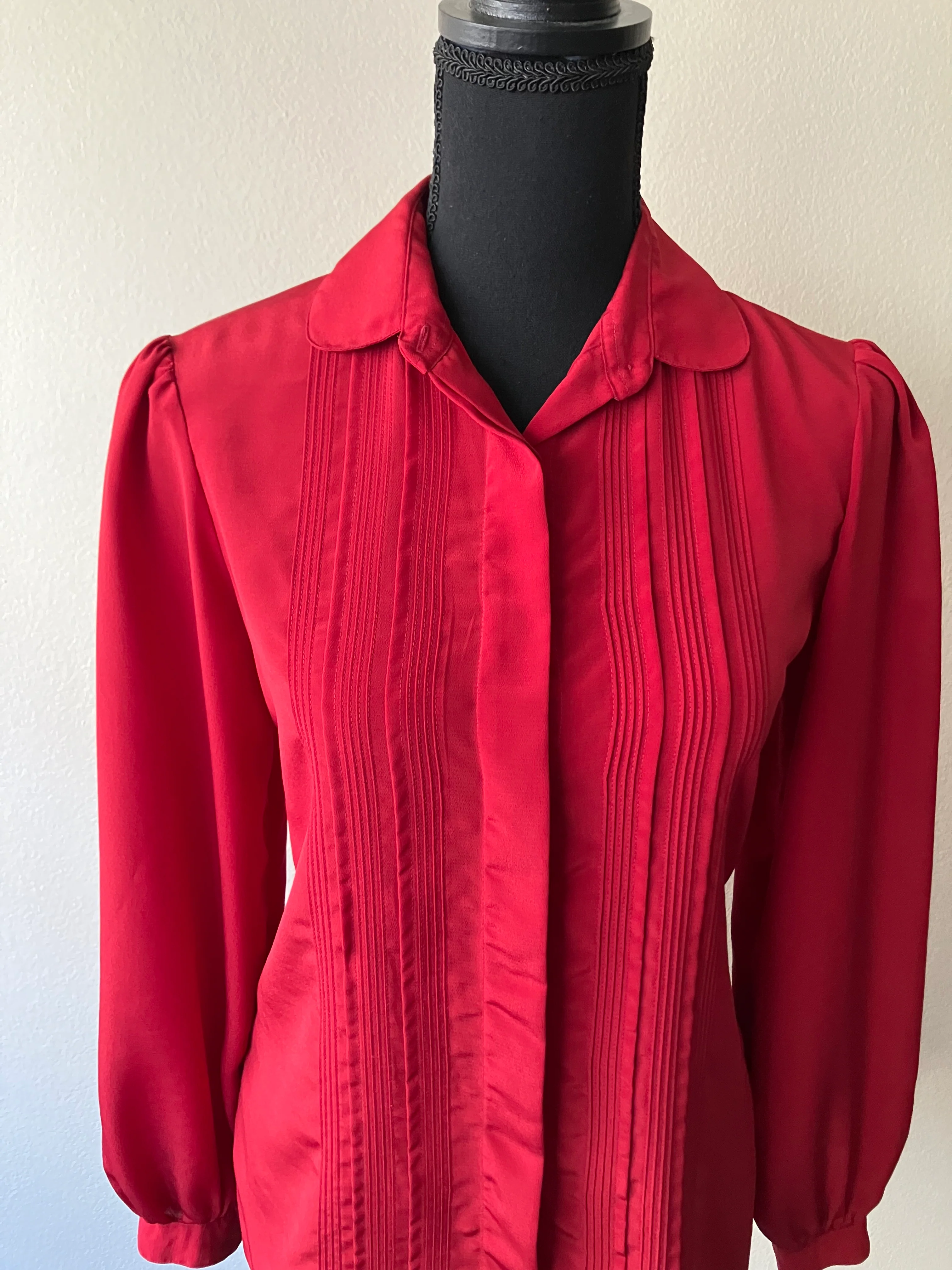 80s Silky Red Button Down Blouse With Front Pleats By David Matthew - Image 4