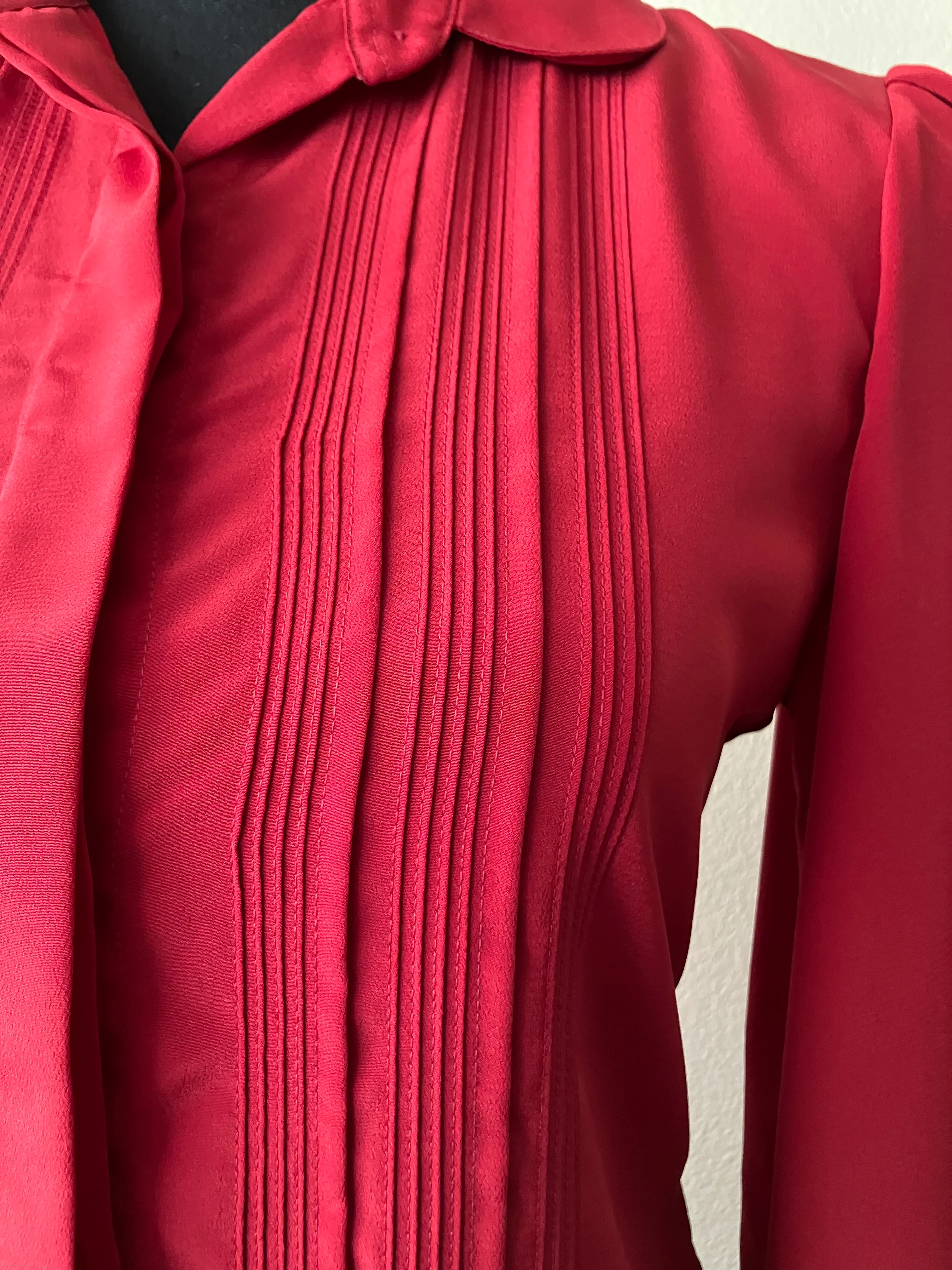 80s Silky Red Button Down Blouse With Front Pleats By David Matthew - Image 5