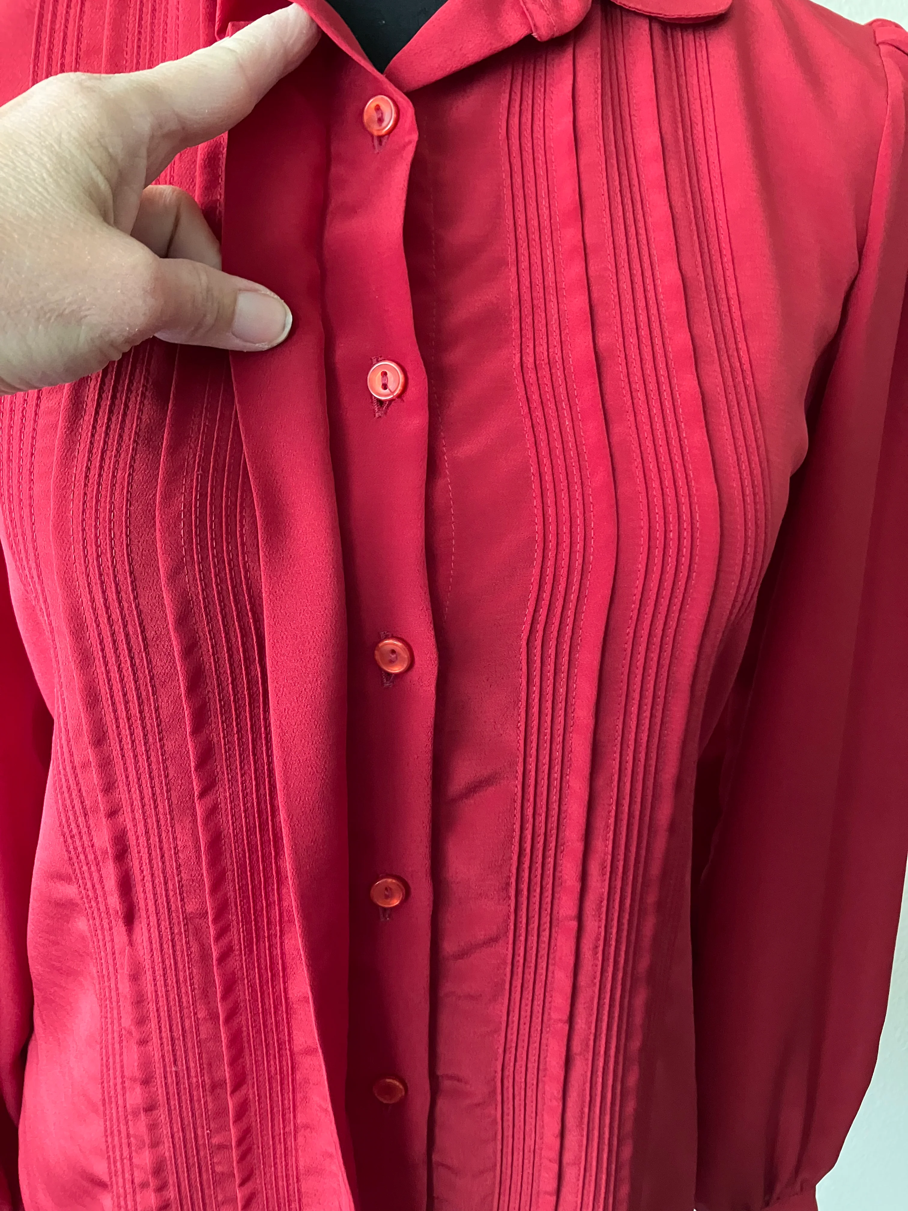 80s Silky Red Button Down Blouse With Front Pleats By David Matthew - Image 6