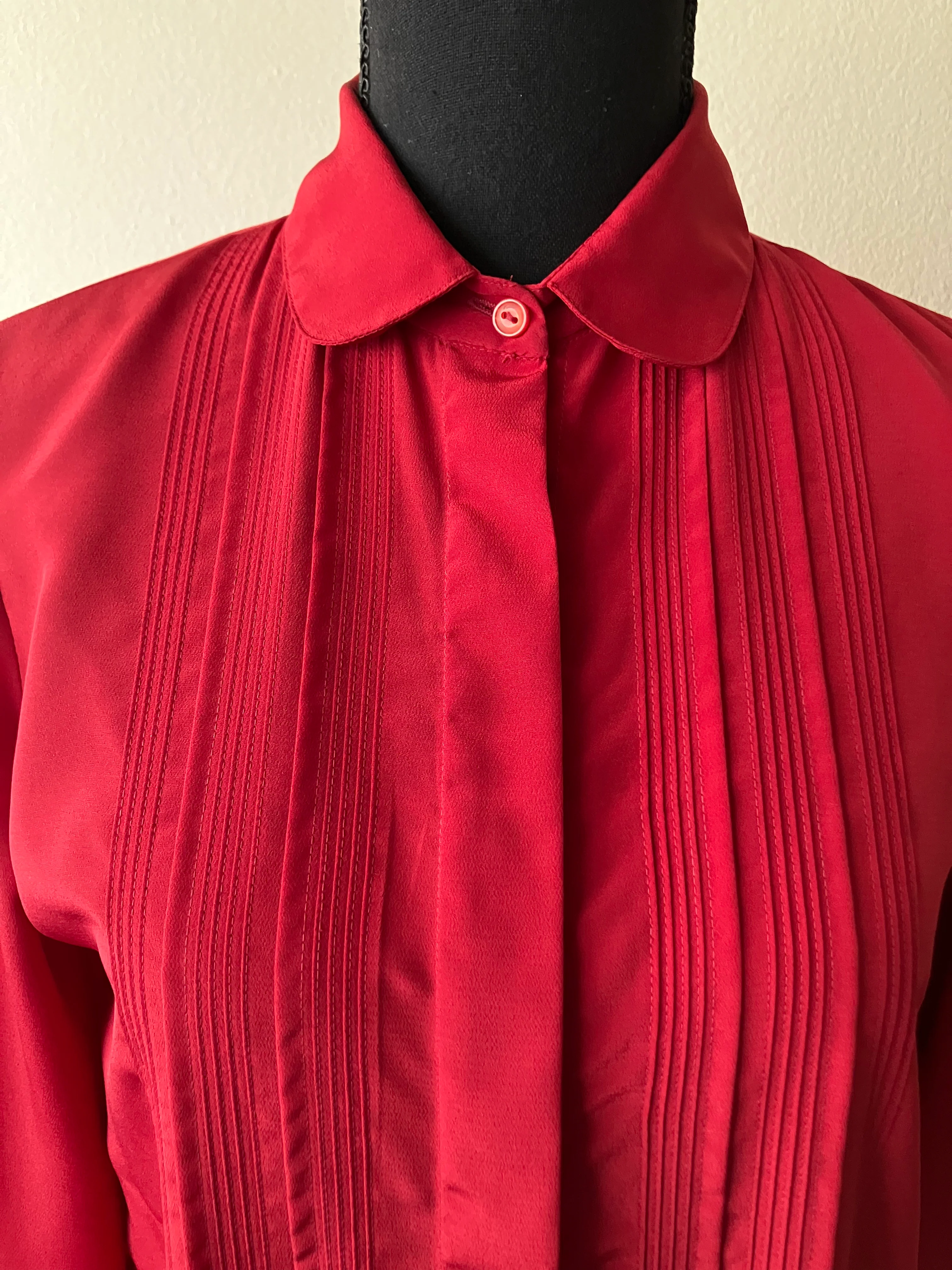 80s Silky Red Button Down Blouse With Front Pleats By David Matthew - Image 7