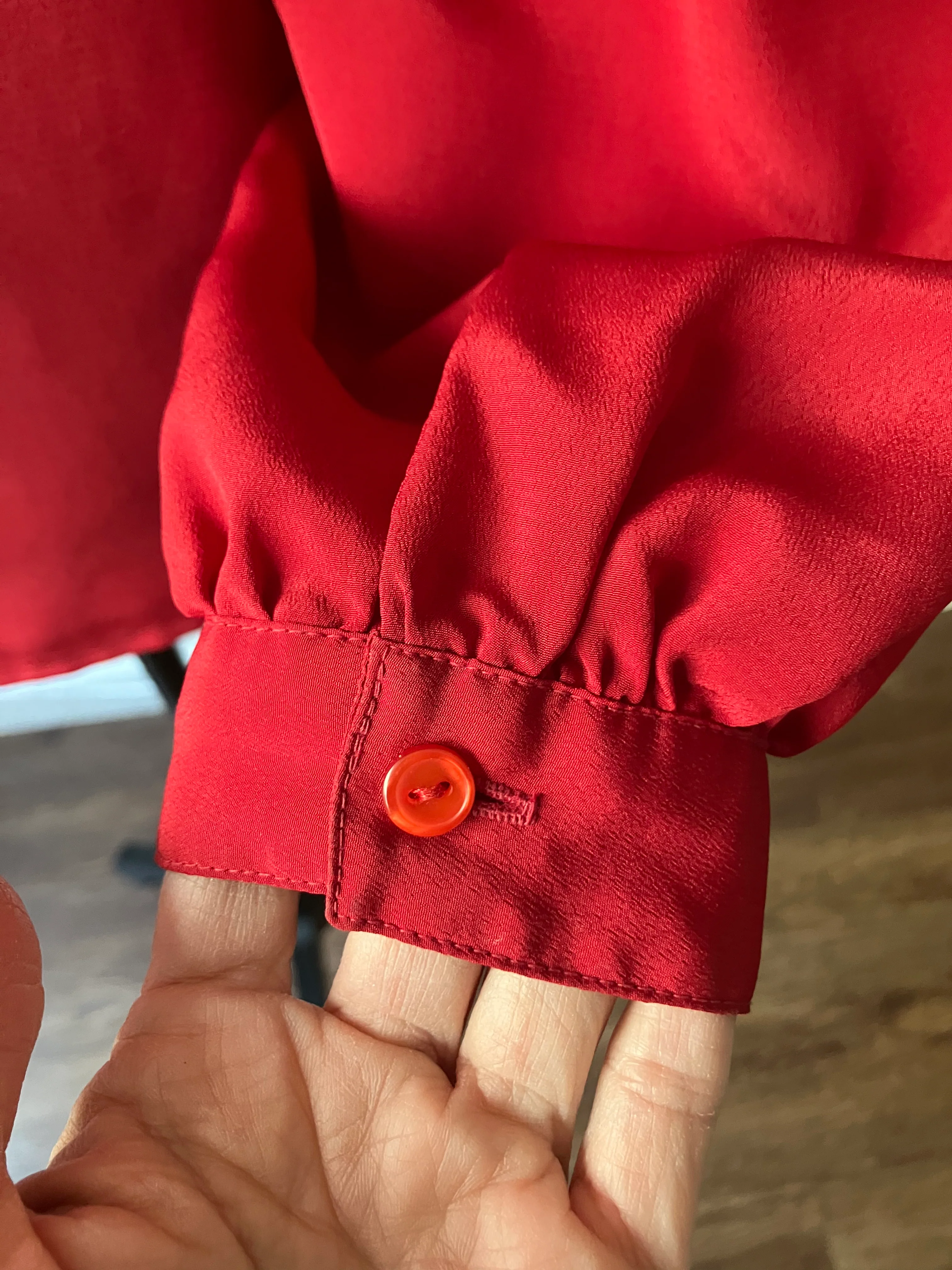 80s Silky Red Button Down Blouse With Front Pleats By David Matthew - Image 9