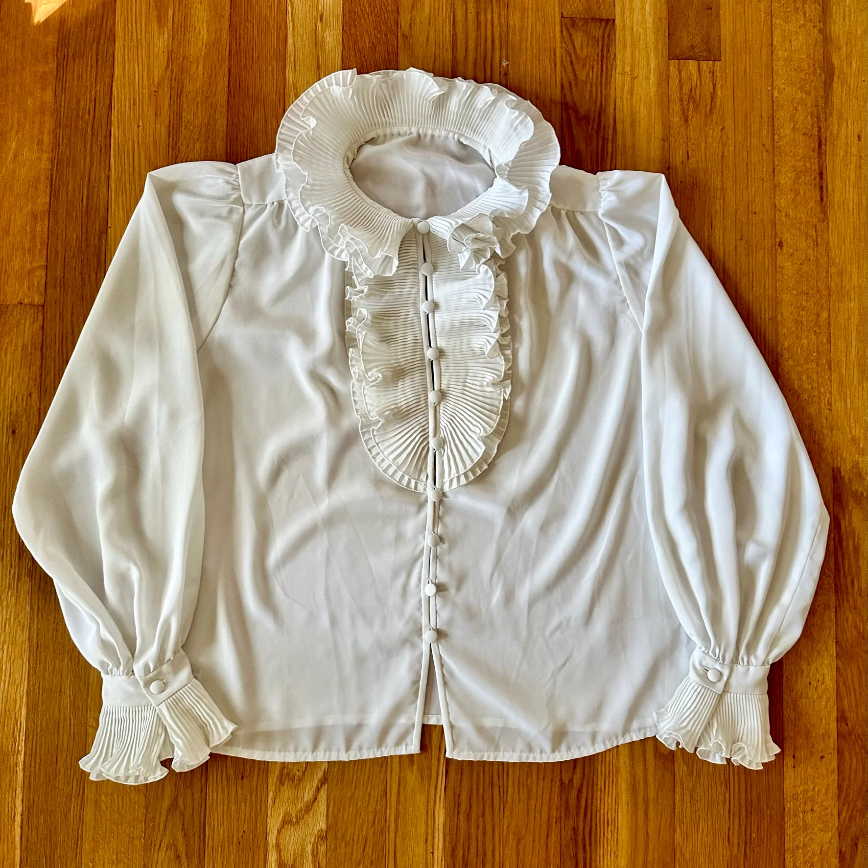 80s Silky White Pleated Collar Blouse - Image 3