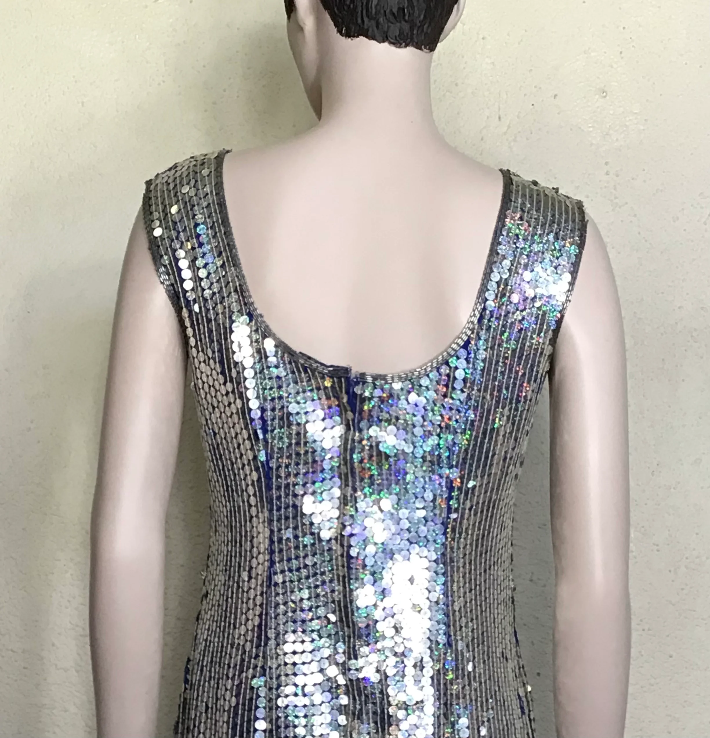 80s Silver Blue Metallic Sequin Sleeveless Mini Dress By Jakenlin Designs - Image 4