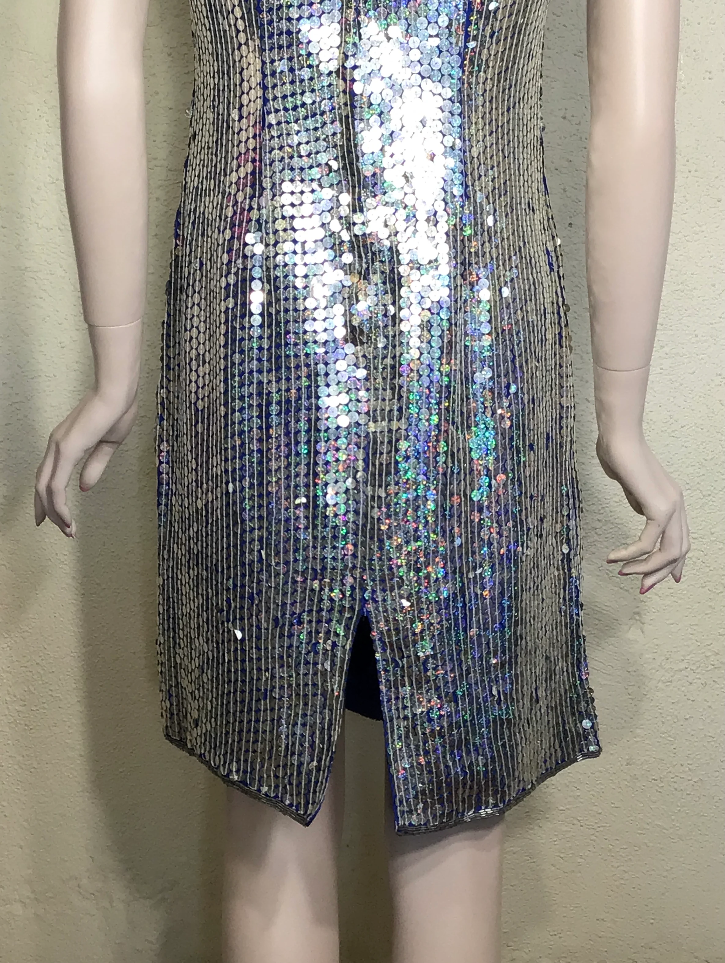 80s Silver Blue Metallic Sequin Sleeveless Mini Dress By Jakenlin Designs - Image 5
