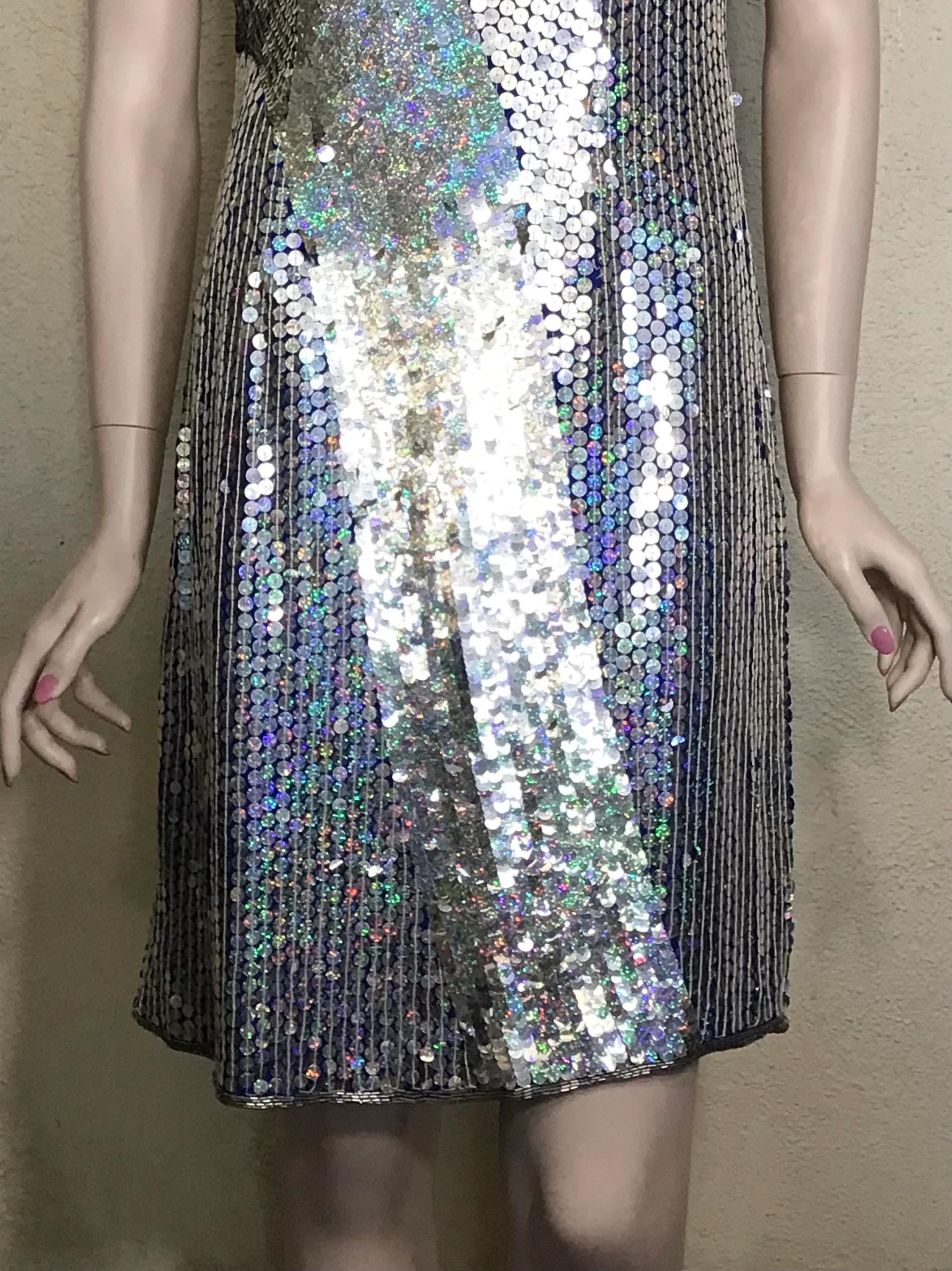 80s Silver Blue Metallic Sequin Sleeveless Mini Dress By Jakenlin Designs - Image 6