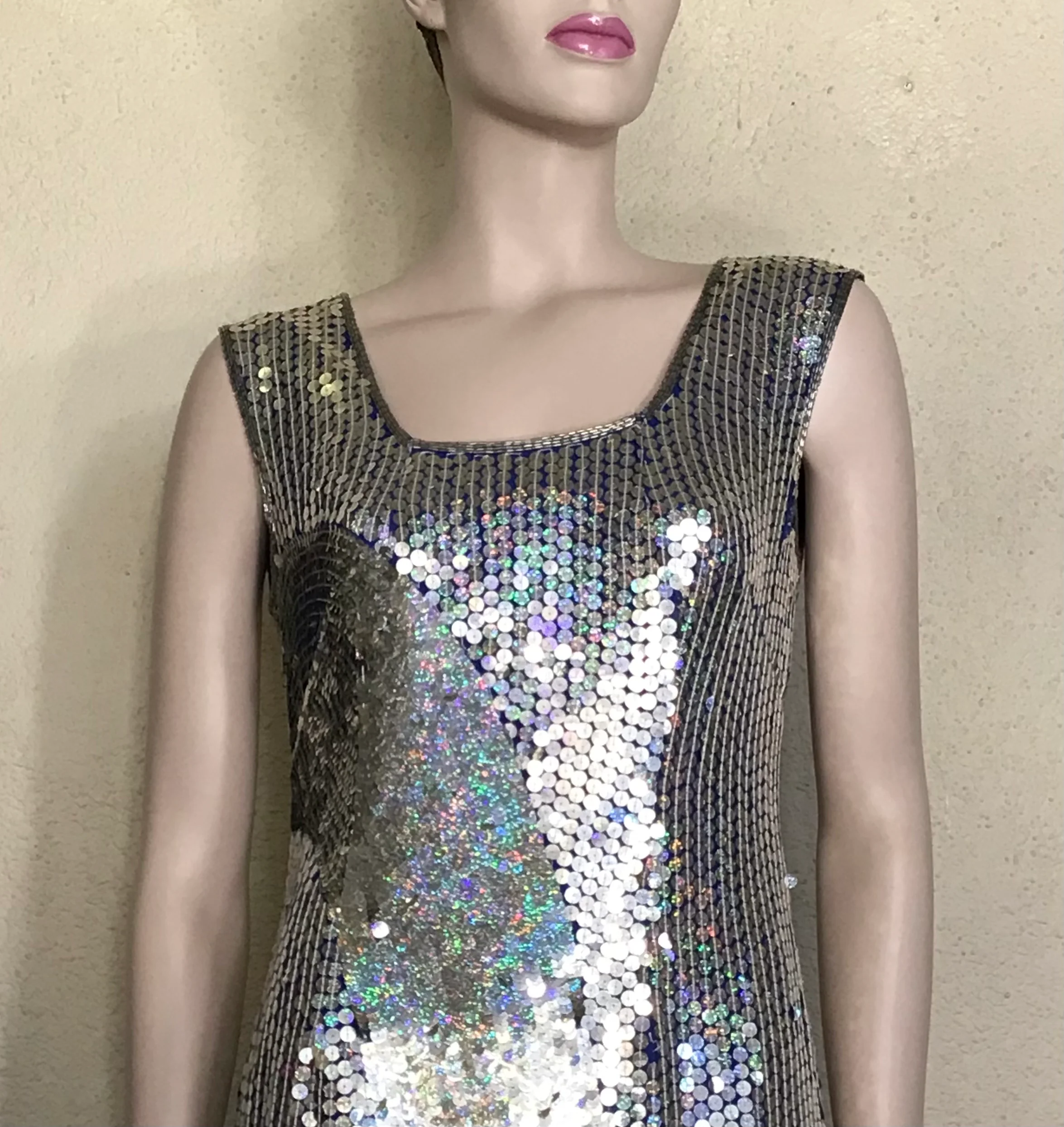 80s Silver Blue Metallic Sequin Sleeveless Mini Dress By Jakenlin Designs - Image 7