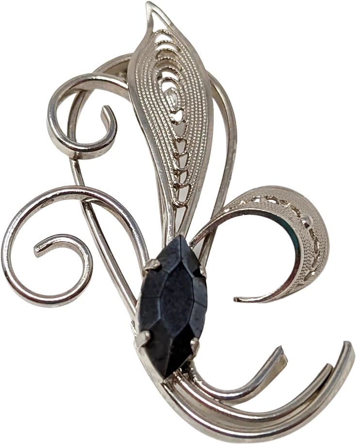 80s Silver Tone Filigree Style Black Faux Stone Pin