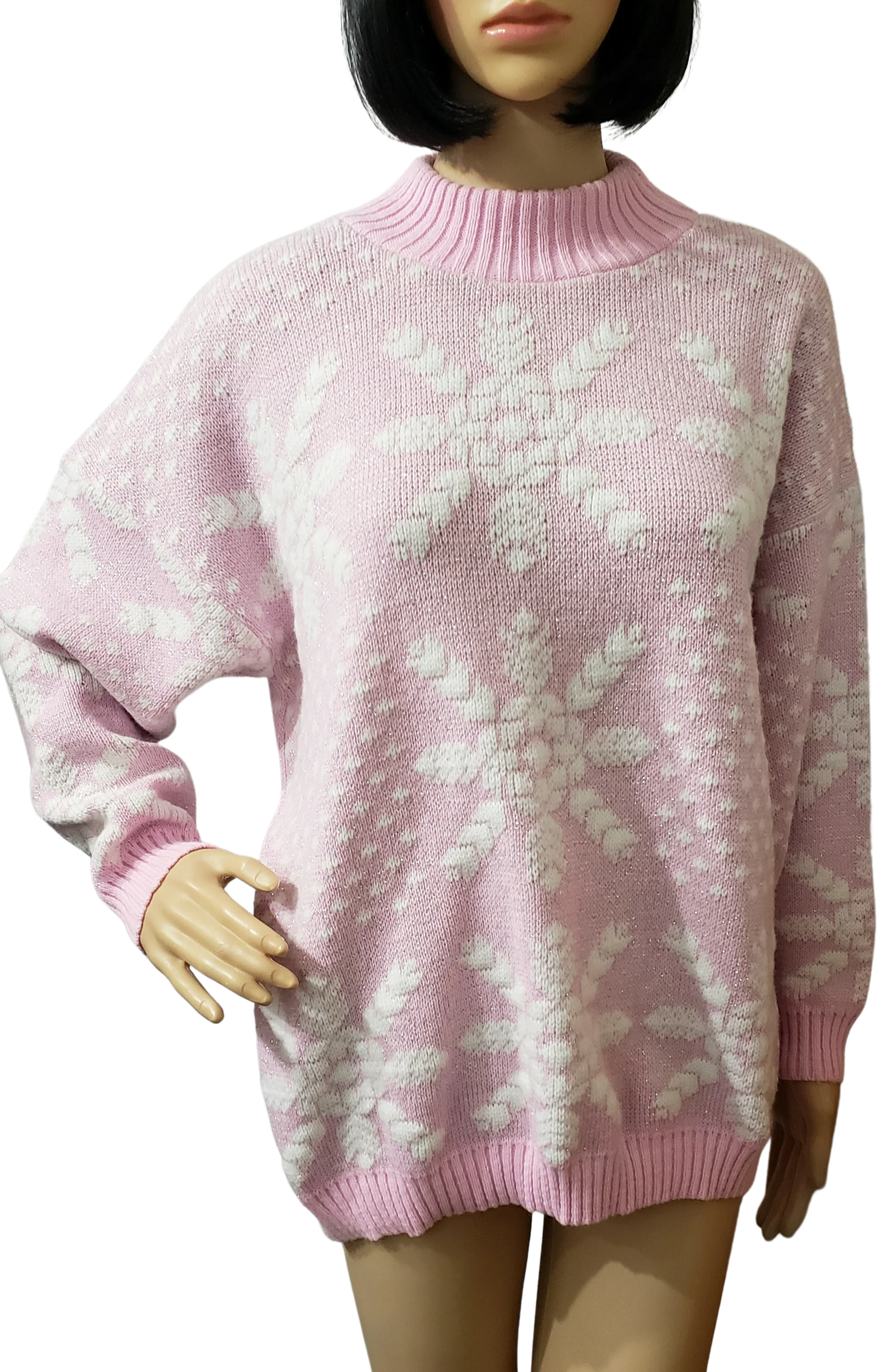 80s Sparkly Pink And White Snowflake Sweater By Spunky