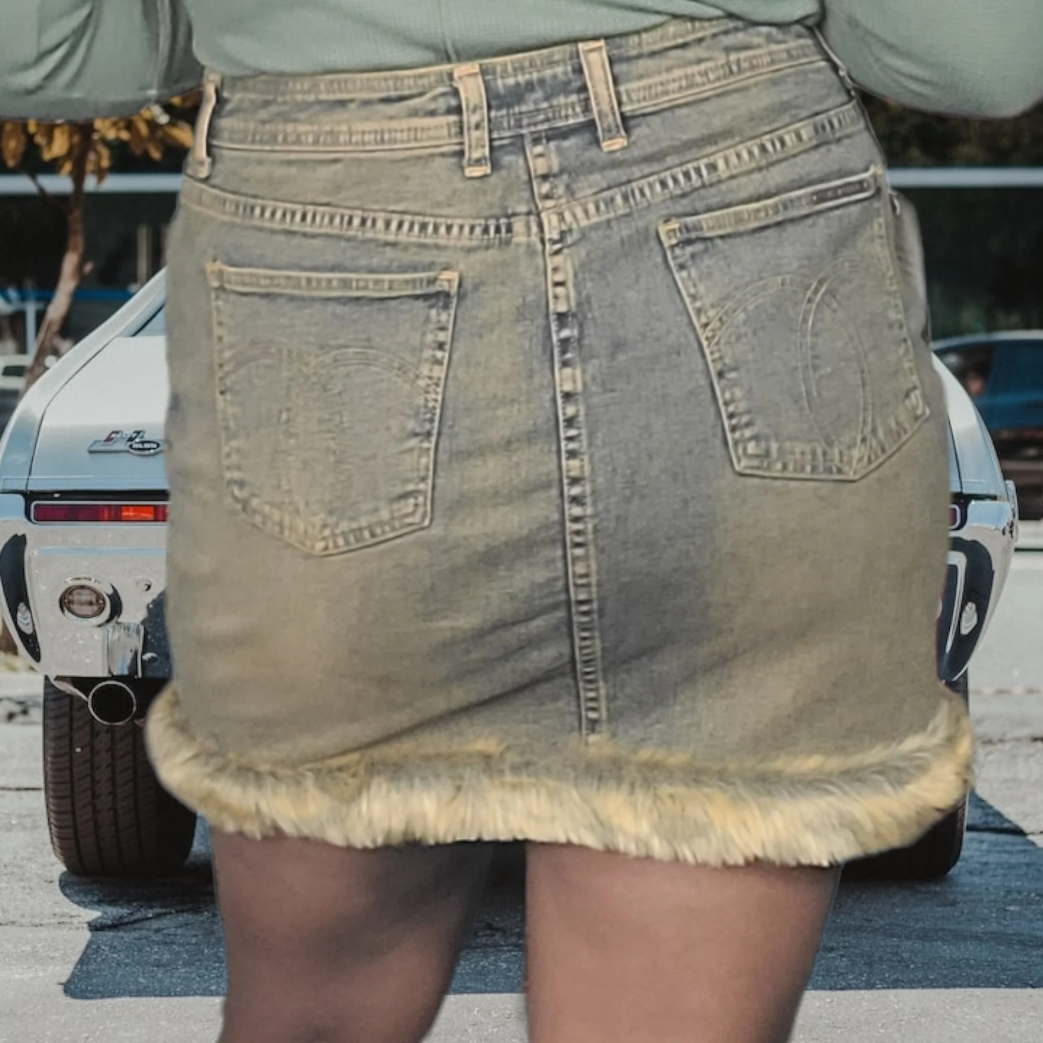 80s Stonewash Denim Mini Skirt With Fur Hem By Jordache - Image 7