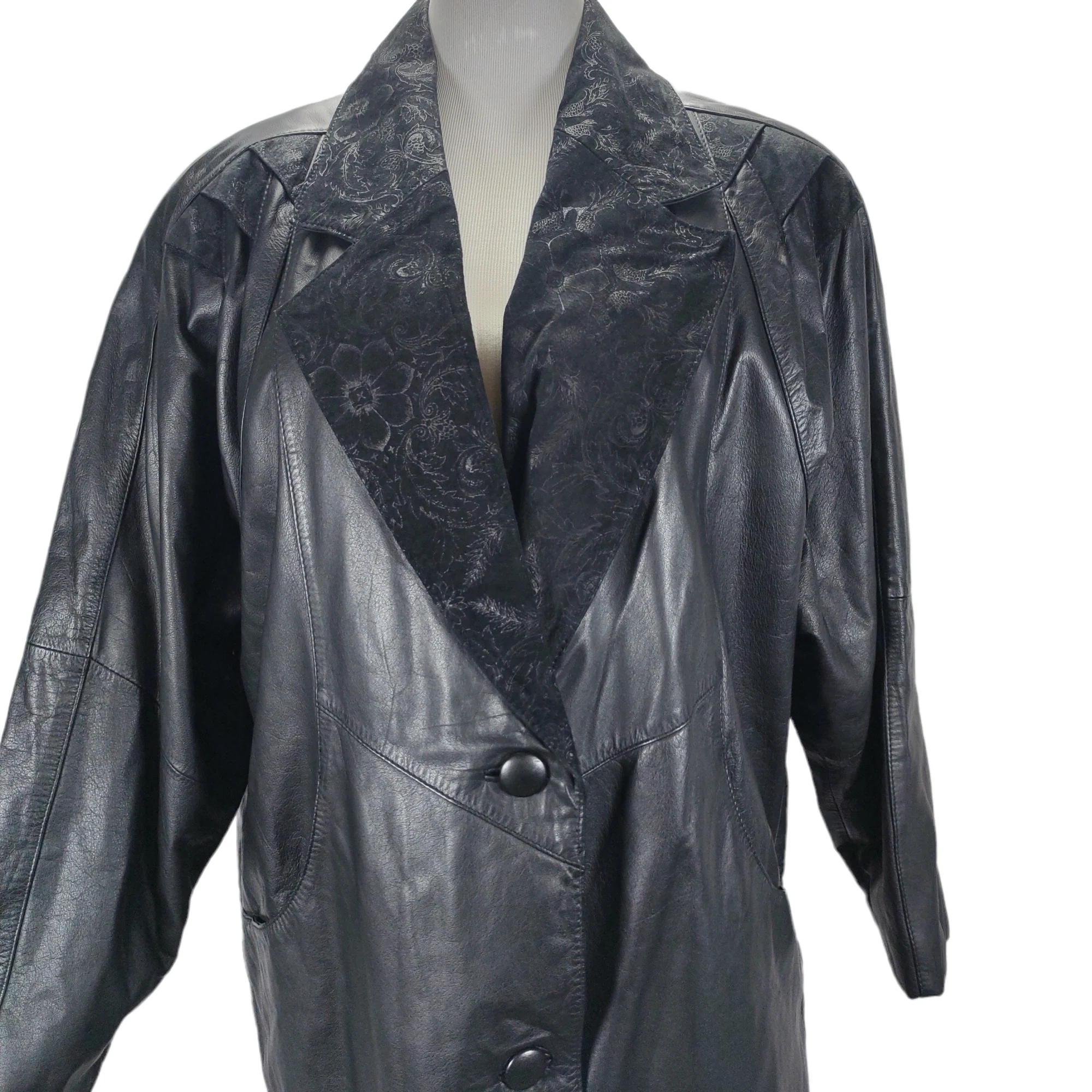80s Strong Shoulder Boxy Long Leather Coat Wide Collar By Global Identity Giii - Image 3