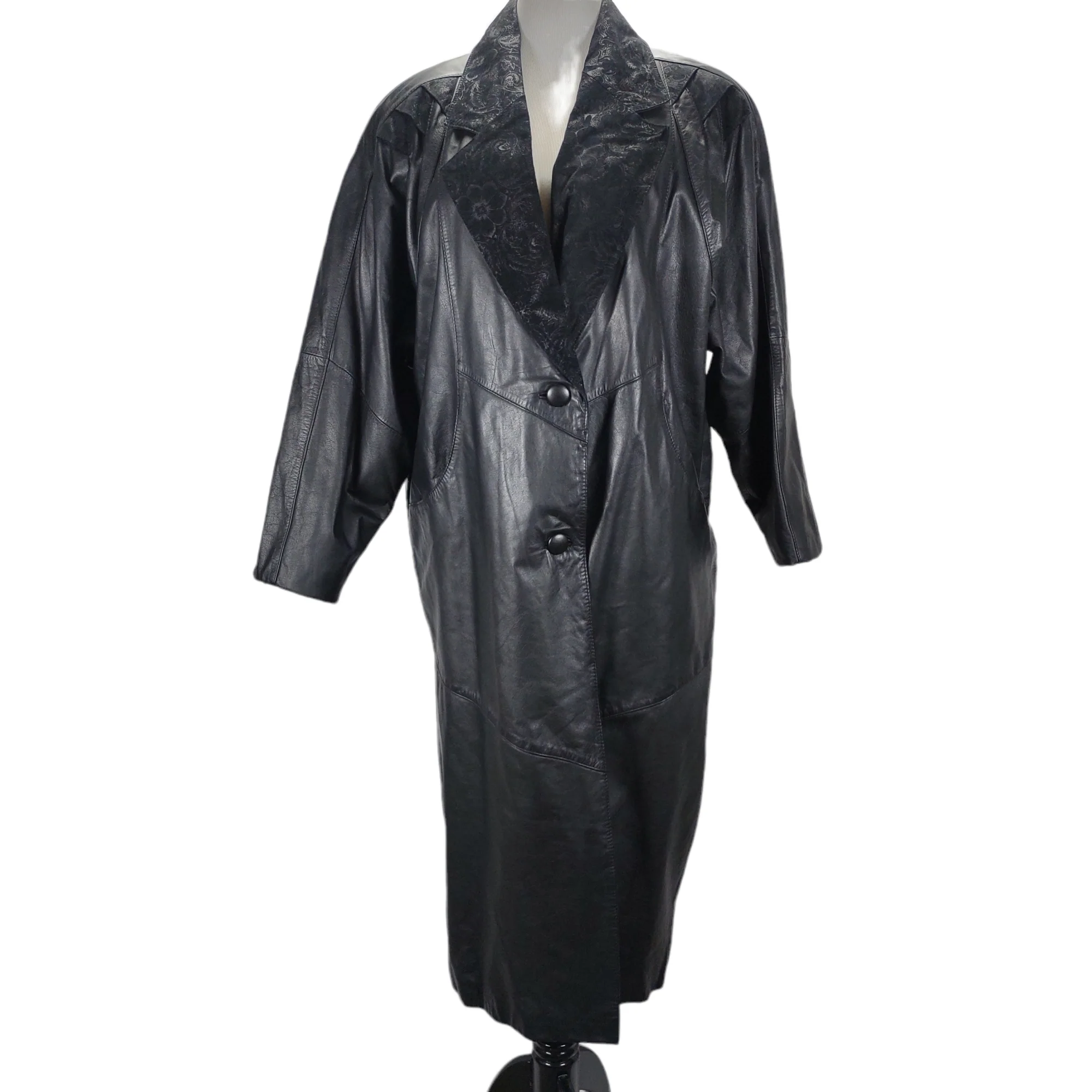 80s Strong Shoulder Boxy Long Leather Coat Wide Collar By Global Identity Giii - Image 4