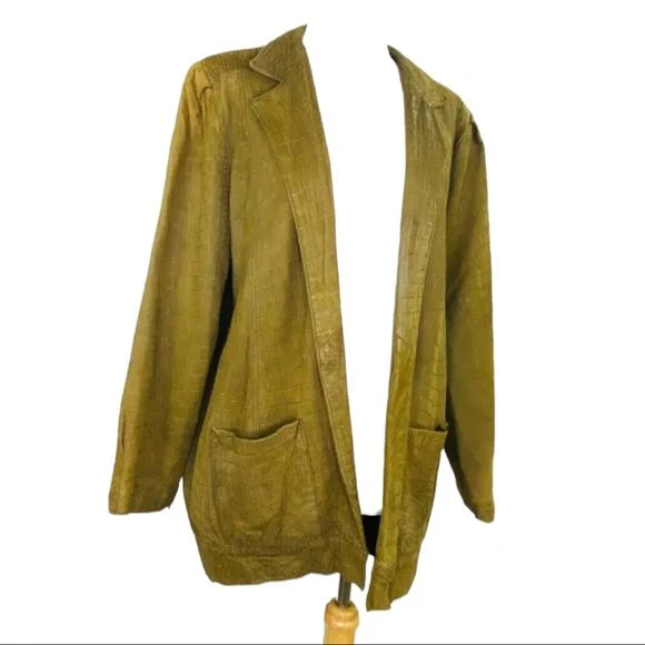 80s Suede Leather Jacket Textured Vntg Olive Green Ny Usa L by Christian Lauren - Image 6