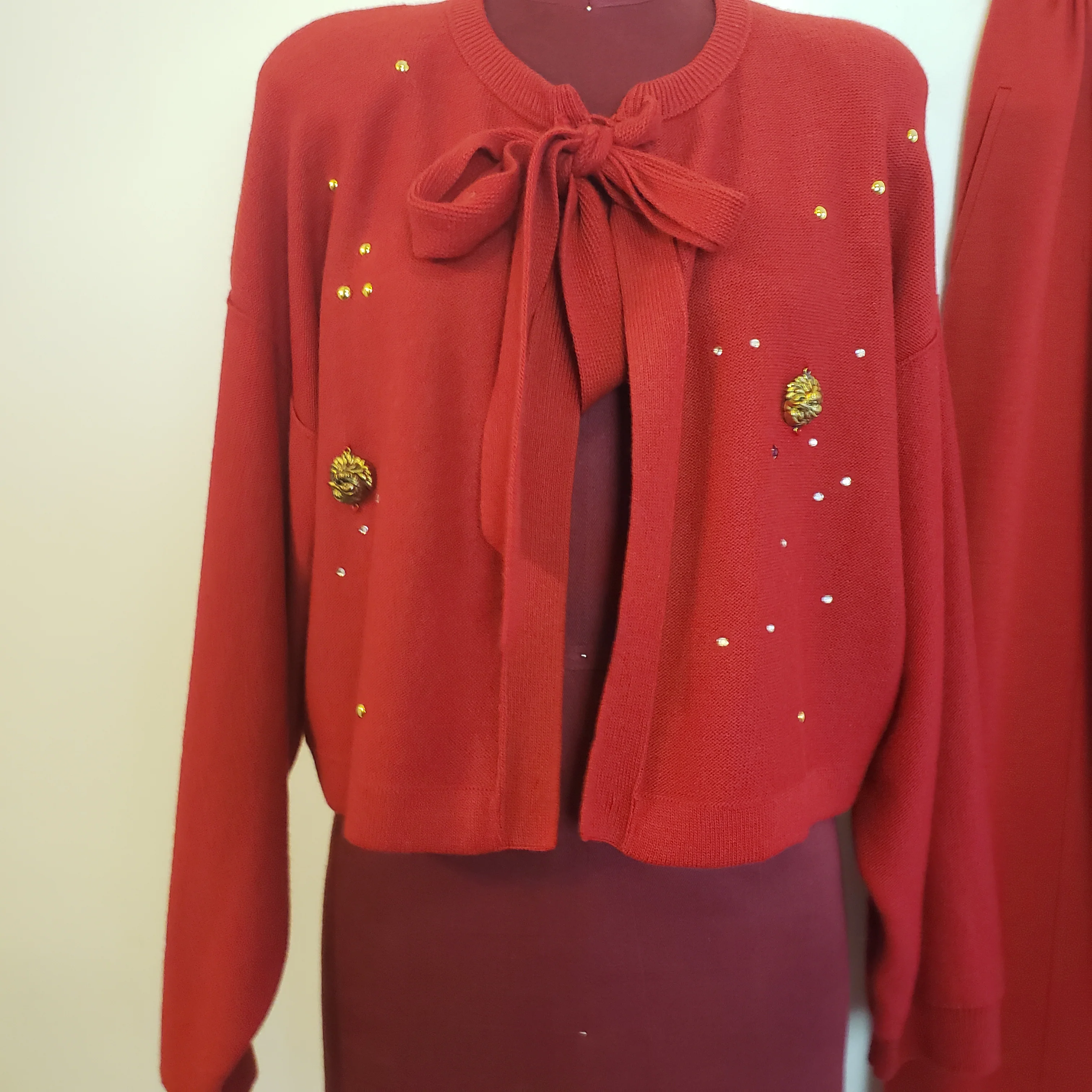 80s Sweater Pant Set Red Wool Knit Rhinestones Studs By Sonia Rykiel Paris - Image 3