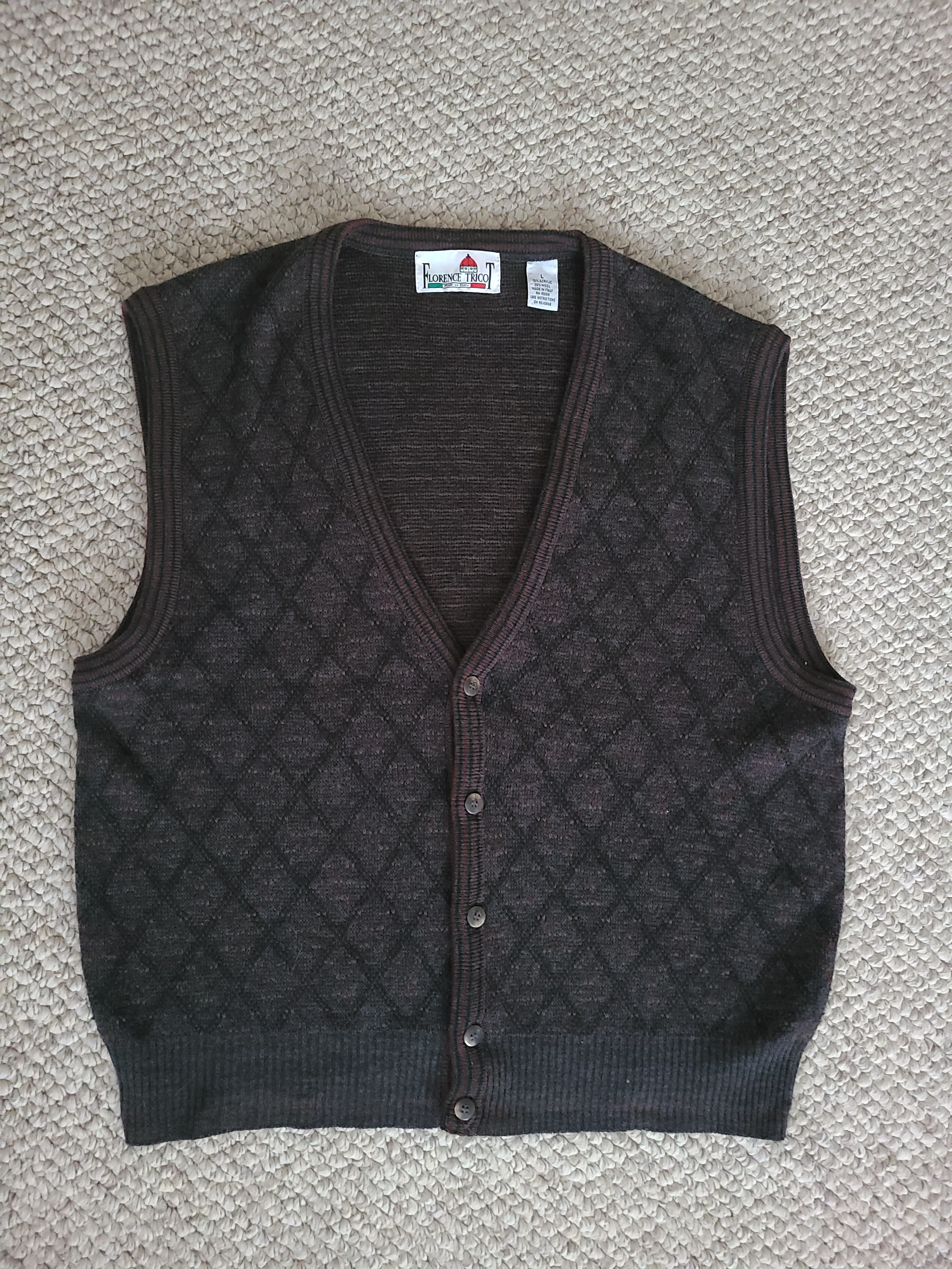80s Sweater Vest Mens Large Wool Avrylic Argyle Gray by Florence Tricot - Image 7