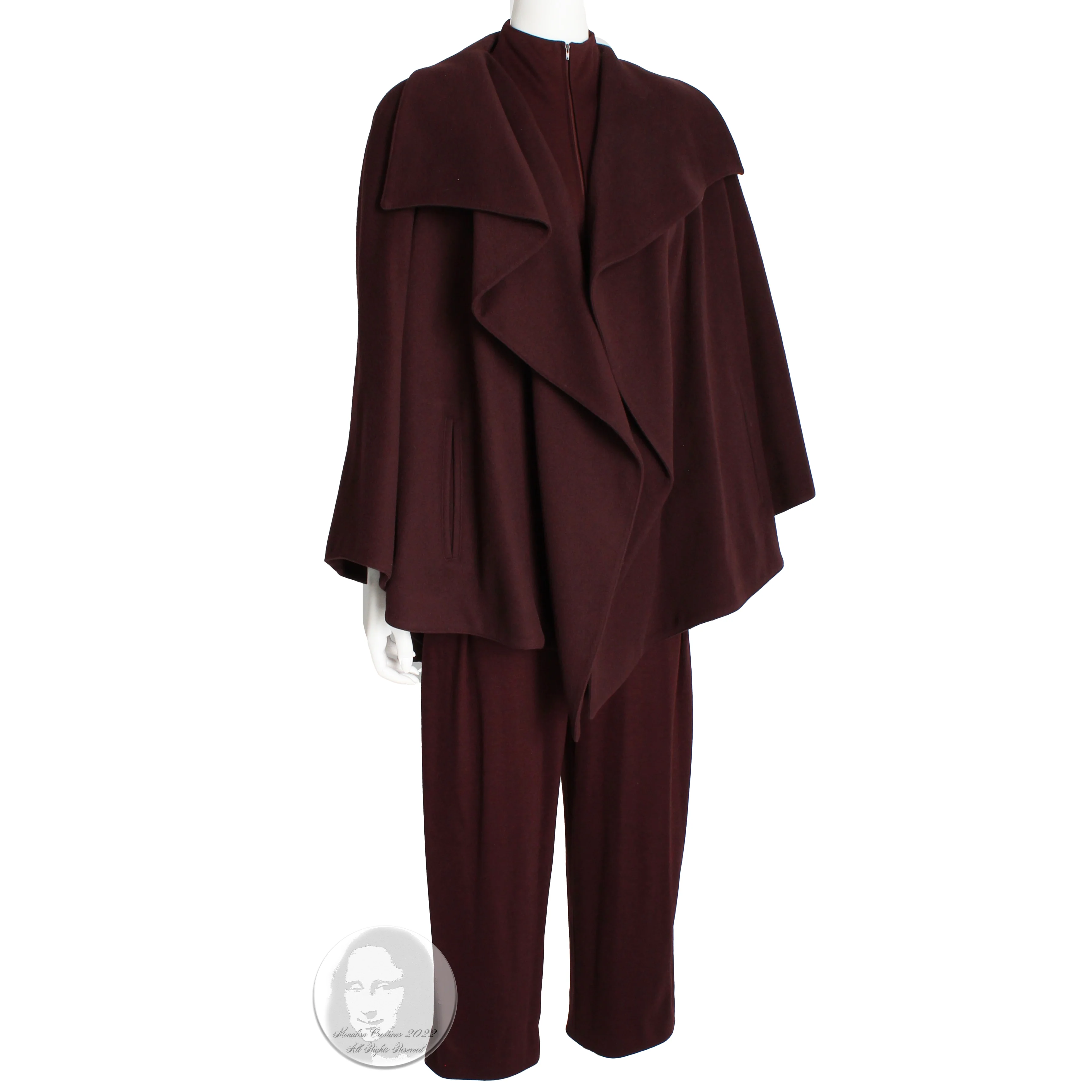 80s Swing Jacket And Jumpsuit Set Burgundy Wool Rare By Claude Montana - Image 3