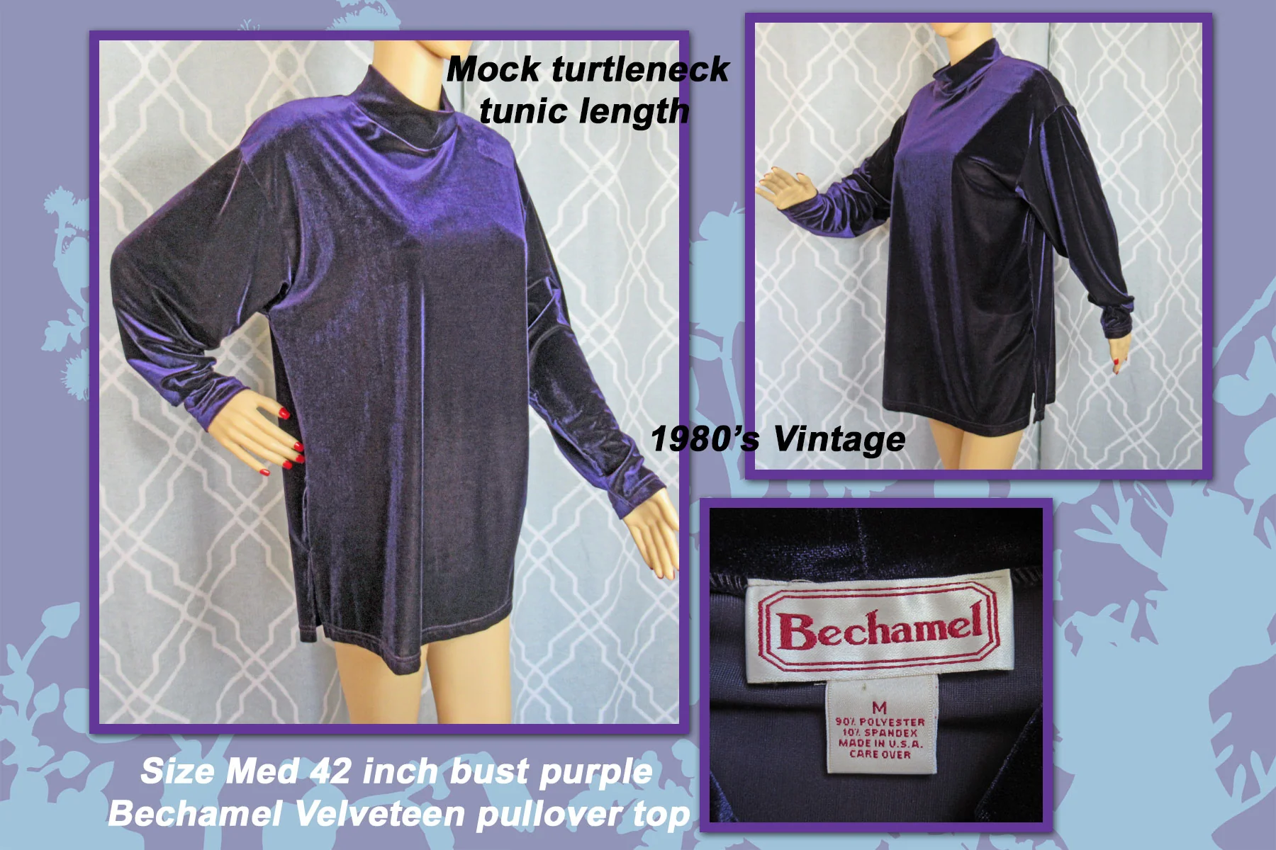 80s Sz Med Velveteen Pullover Tunic Length Top by Bechamel - Image 10
