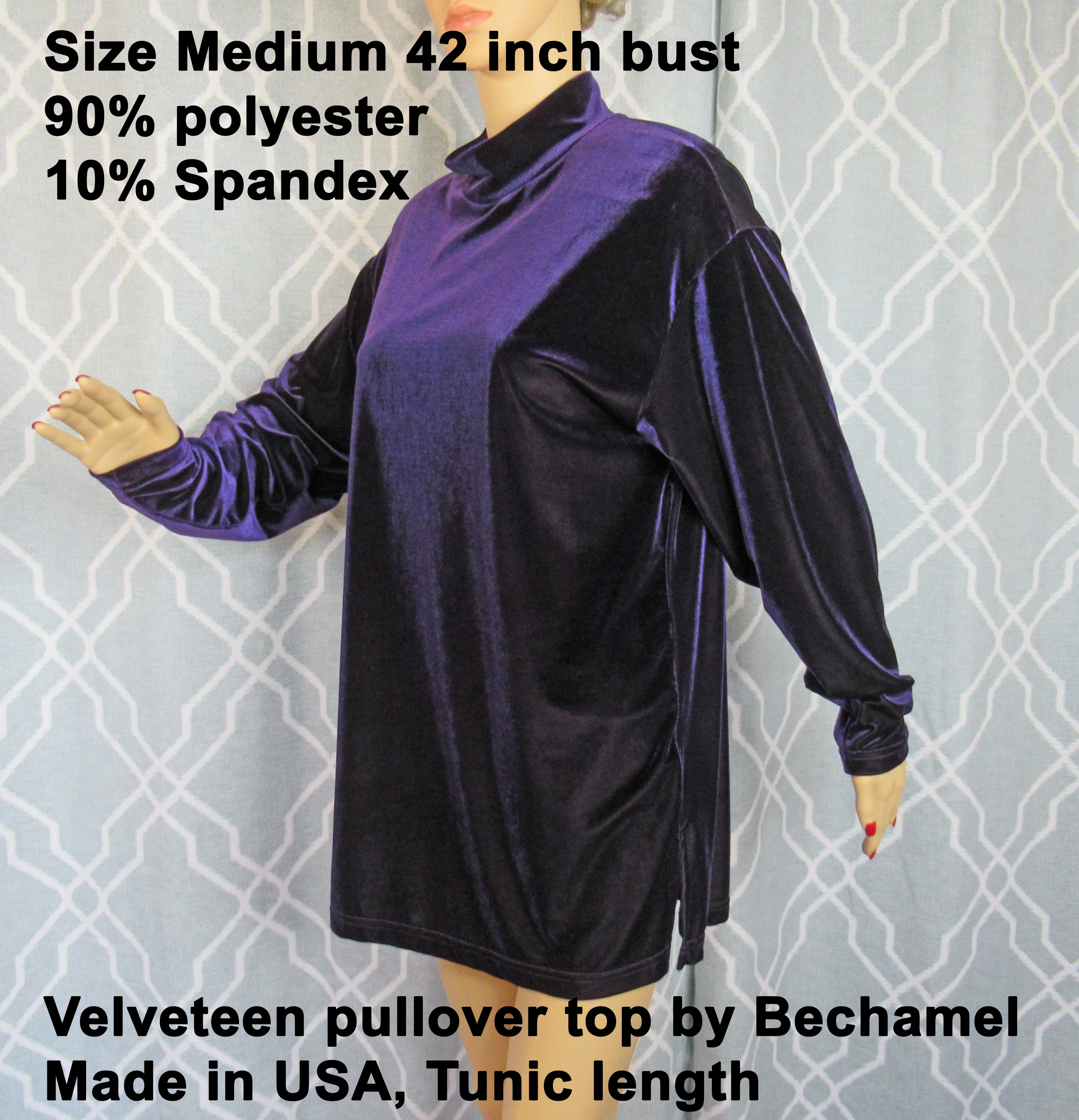 80s Sz Med Velveteen Pullover Tunic Length Top by Bechamel - Image 3