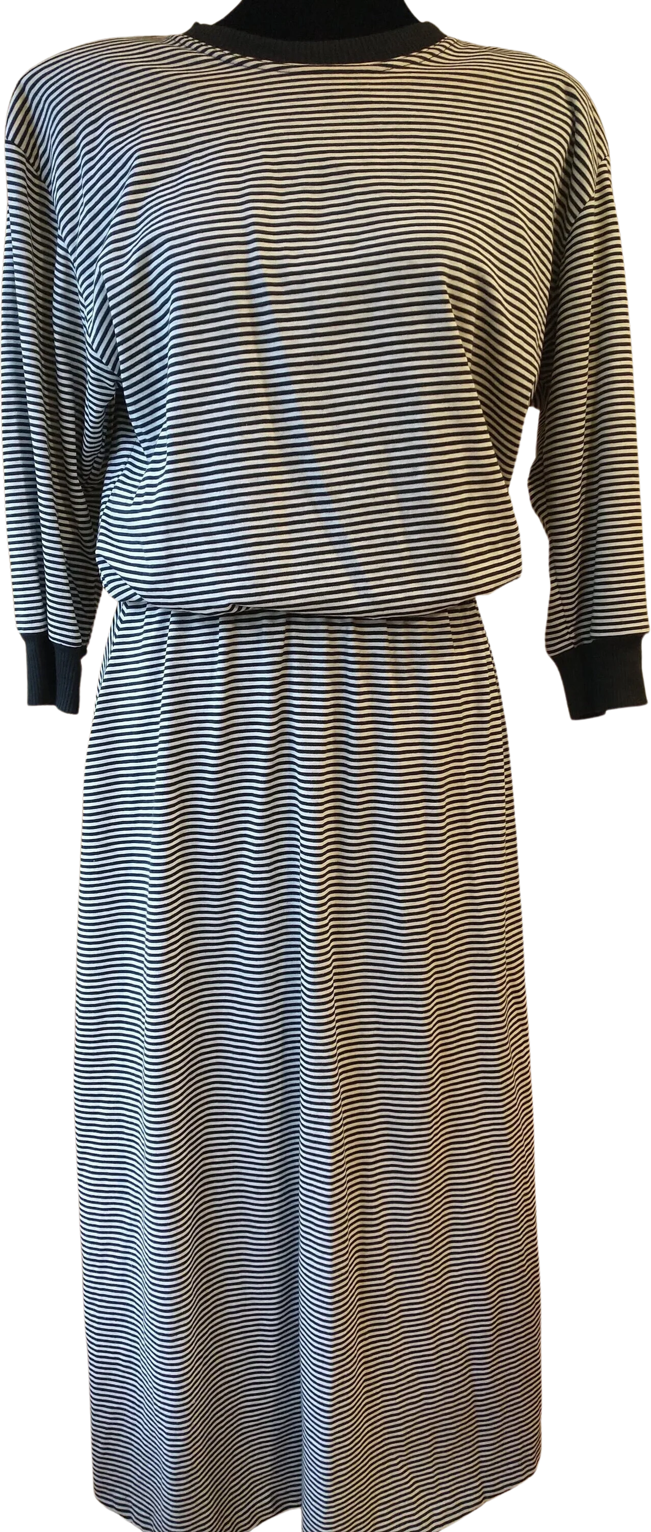 80s T-Shirt Dress Crew Collar Minimalist Black and White Striped Dress Cotton Poly Made In Usa by Alison J