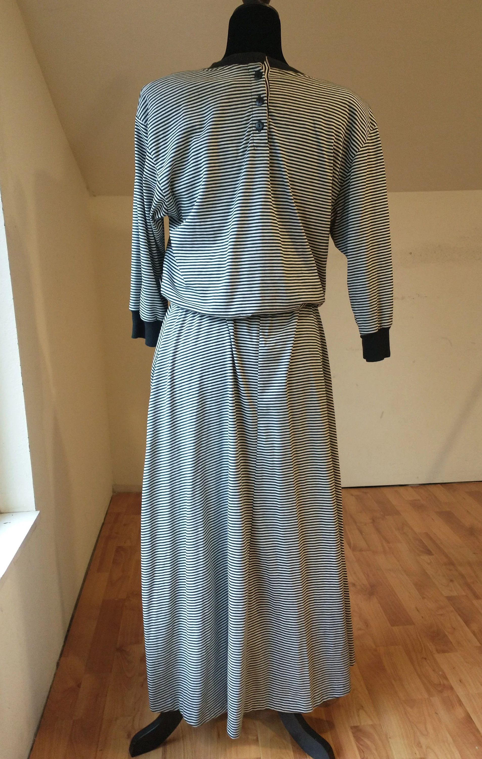 80s T-Shirt Dress Crew Collar Minimalist Black and White Striped Dress Cotton Poly Made In Usa by Alison J - Image 2