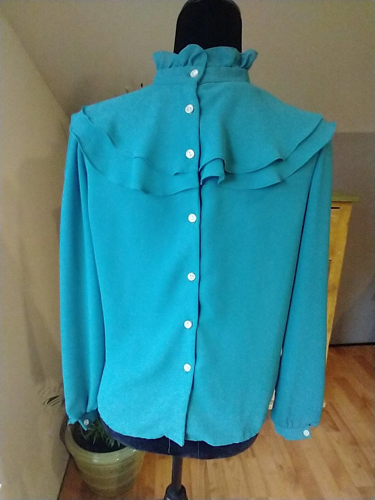80s Teal Blue Stunning High Ruffle Neck Blouse Cape Collar Buttons Up Back Lightweight Polyester Princess Di Blouse by Eber San Francisco - Image 2