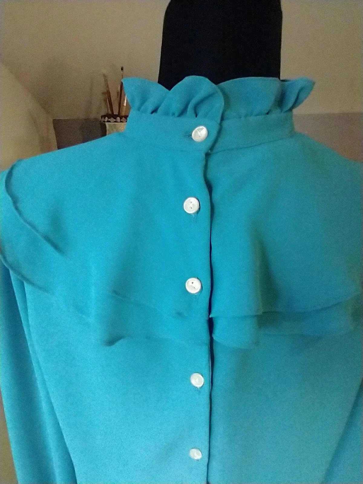80s Teal Blue Stunning High Ruffle Neck Blouse Cape Collar Buttons Up Back Lightweight Polyester Princess Di Blouse by Eber San Francisco - Image 6