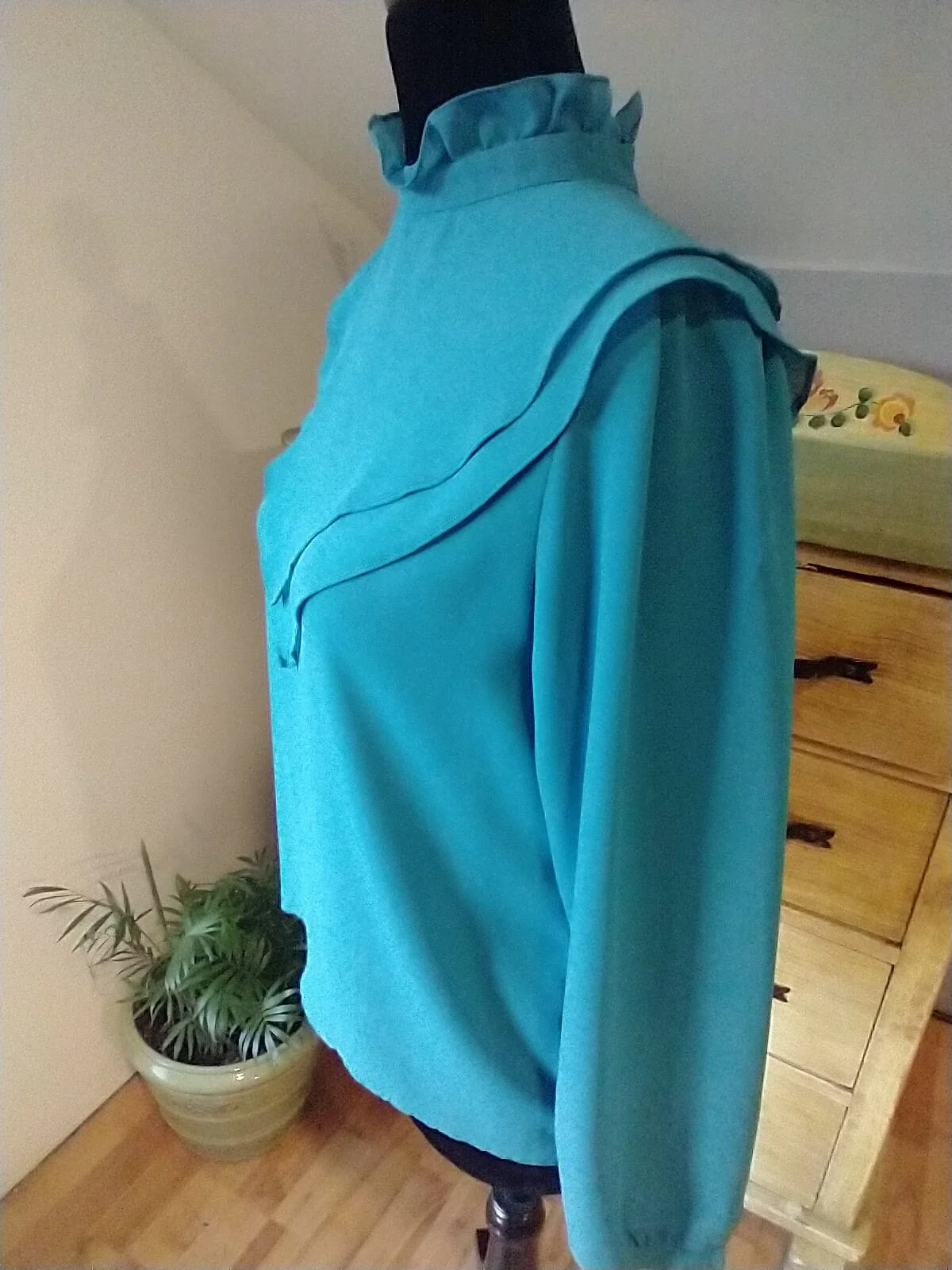 80s Teal Blue Stunning High Ruffle Neck Blouse Cape Collar Buttons Up Back Lightweight Polyester Princess Di Blouse by Eber San Francisco - Image 8