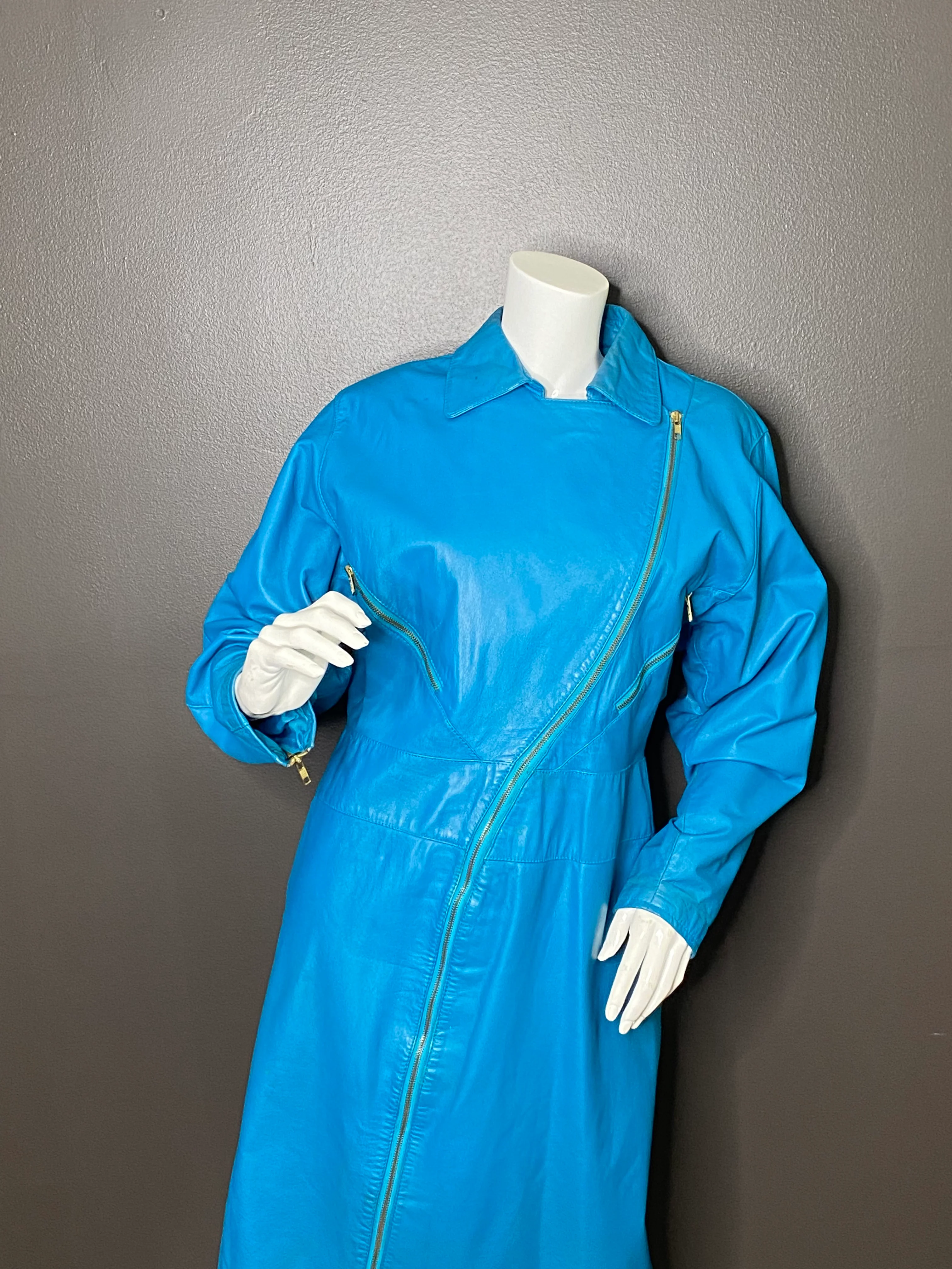 80s Teal Leather Biker Dress - Image 8