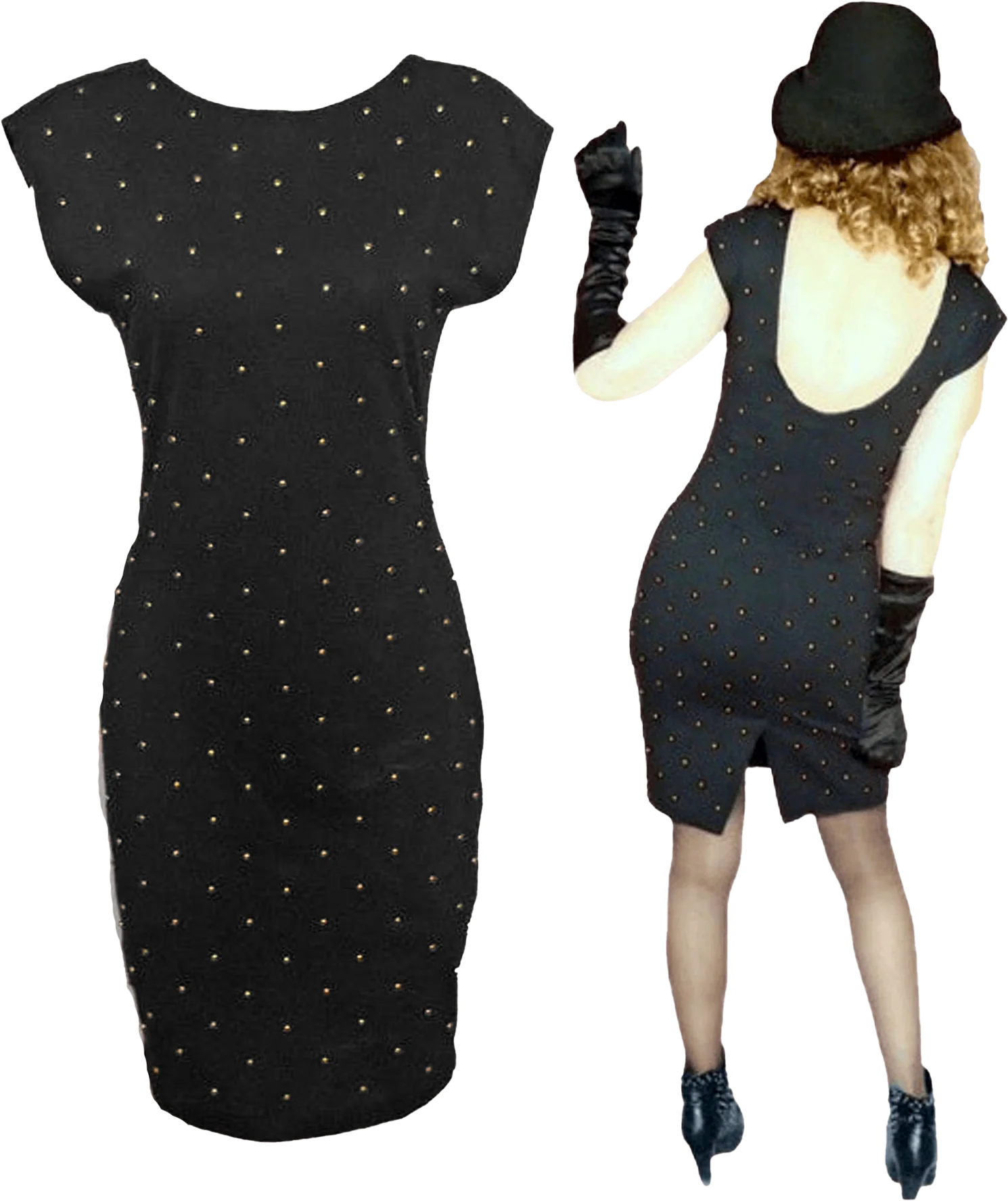 80s Tight Black Stud Dress, Low Back, Brass Grommets By Hearts