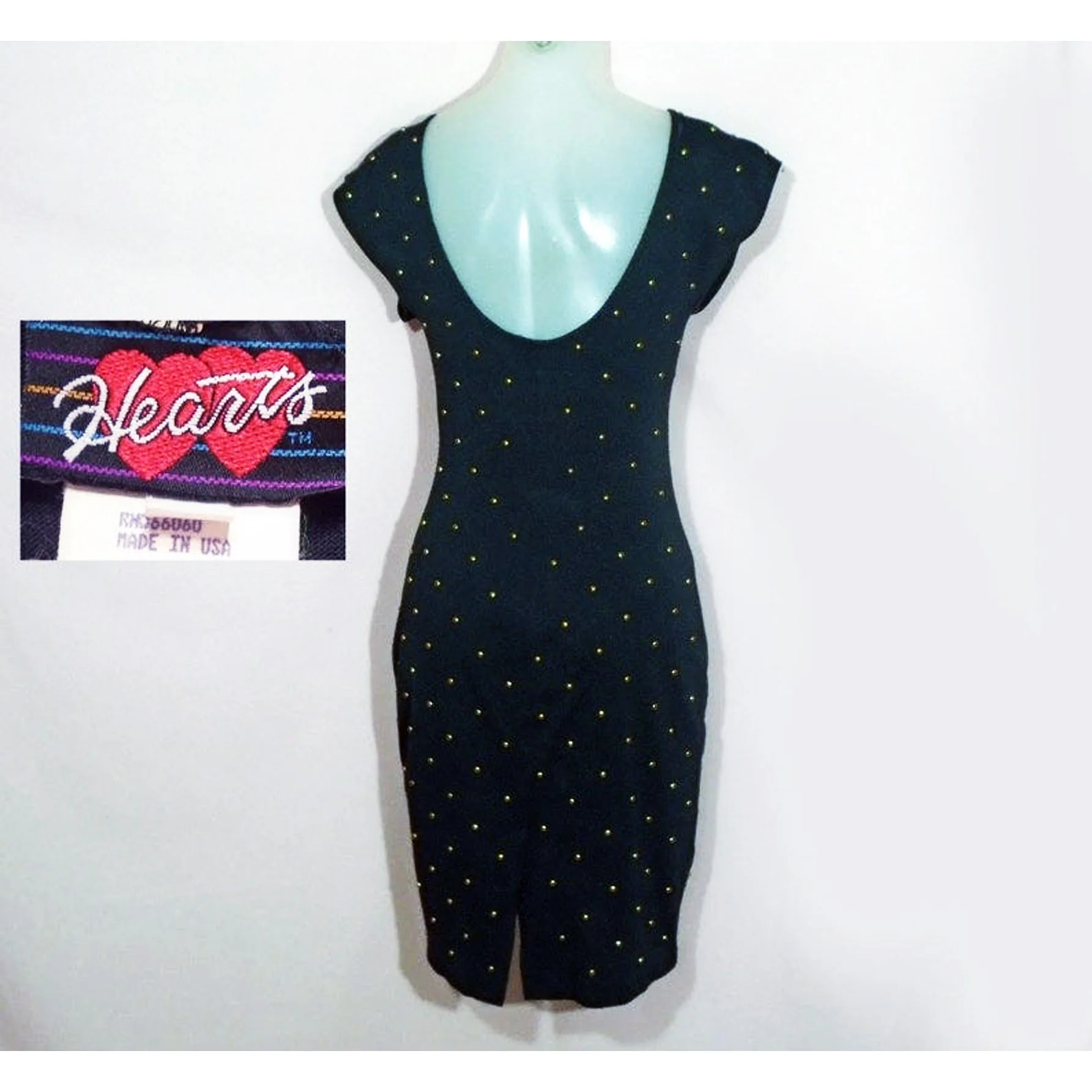 80s Tight Black Stud Dress, Low Back, Brass Grommets By Hearts - Image 2