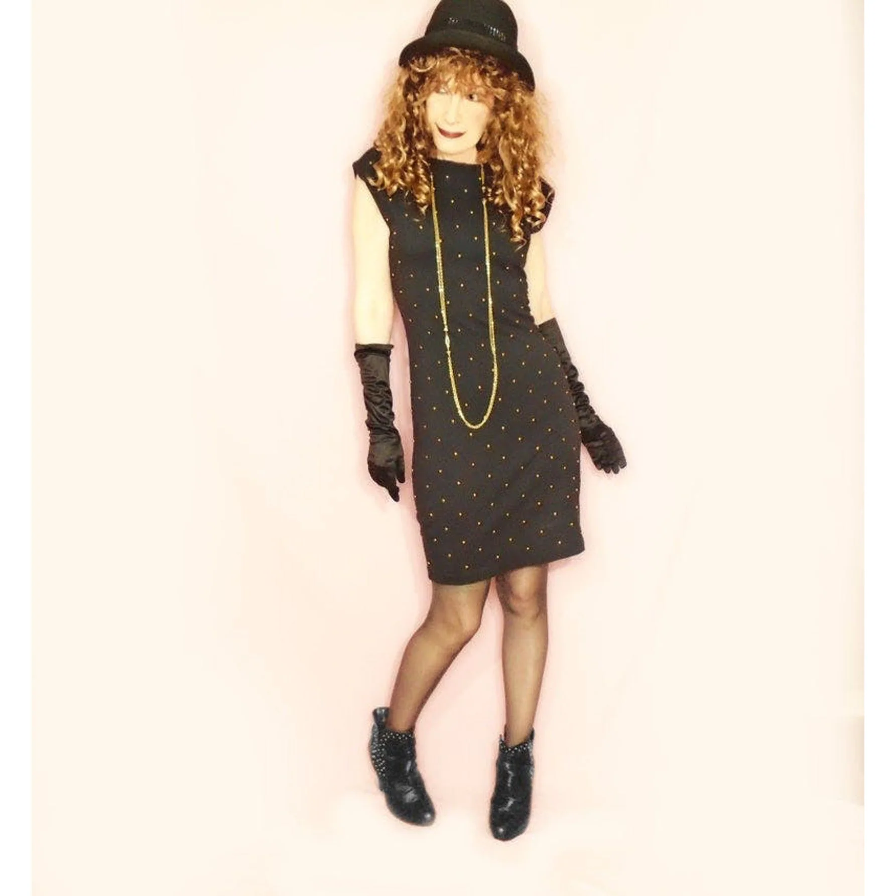 80s Tight Black Stud Dress, Low Back, Brass Grommets By Hearts - Image 5