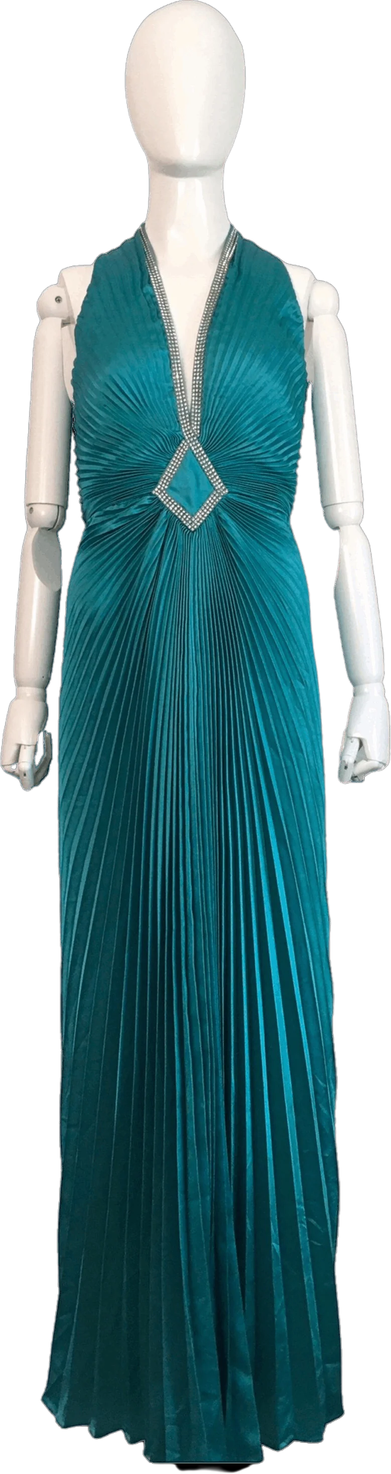 80s Teal Evening Gown With Rhinestone Neckline by Lillie Rubin