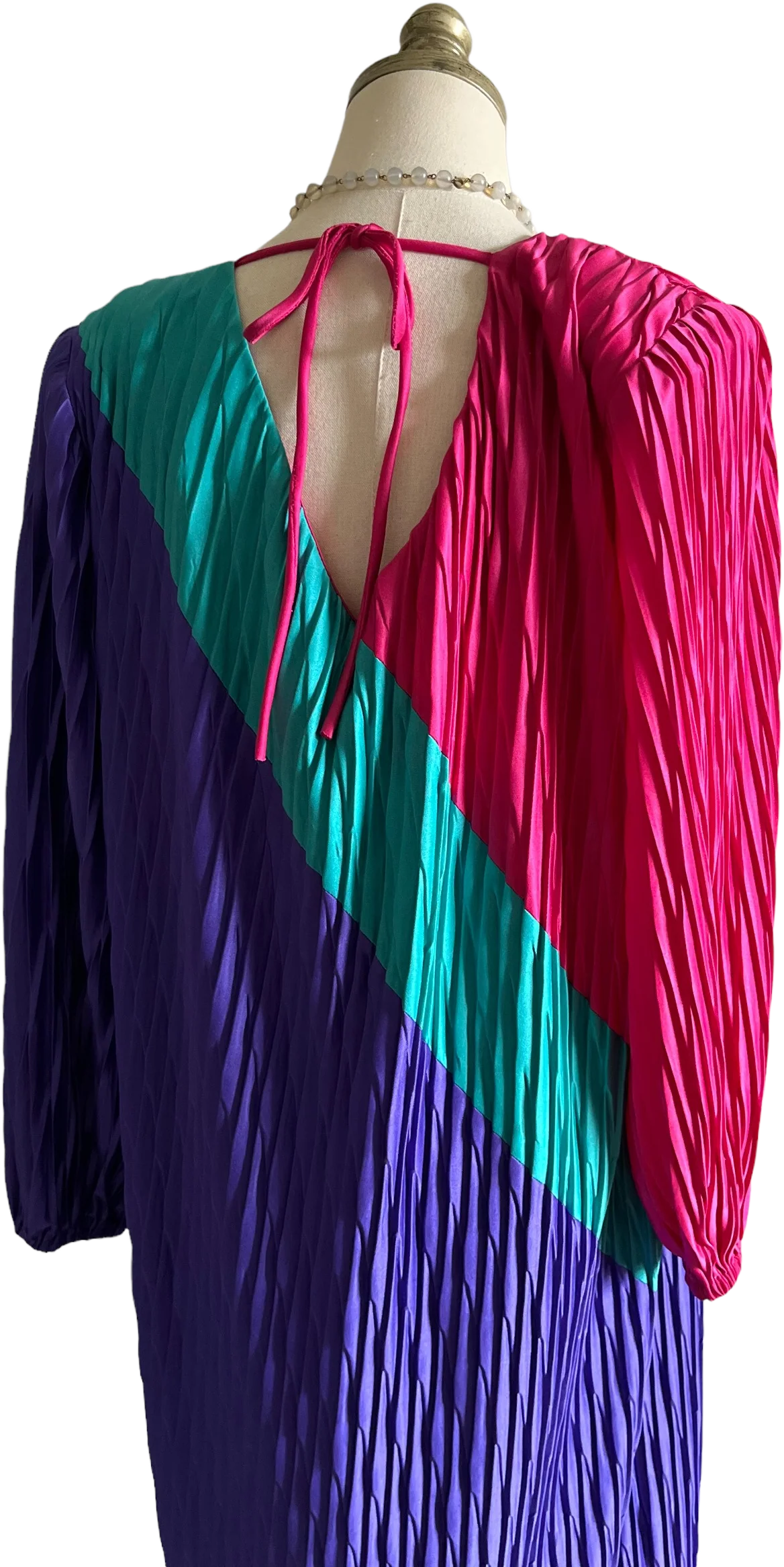 80s Tri-color Jewel Tone Micro Pleat Dress By Gilberti - Image 2