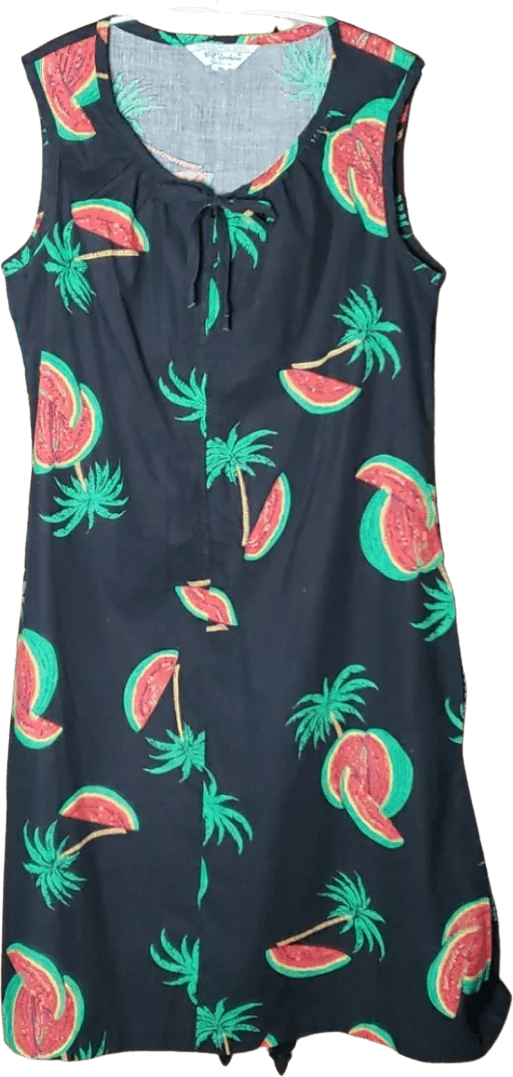 80's Black Palm Tree Watermelon Print Sleeveless Dress by Npc Fashions