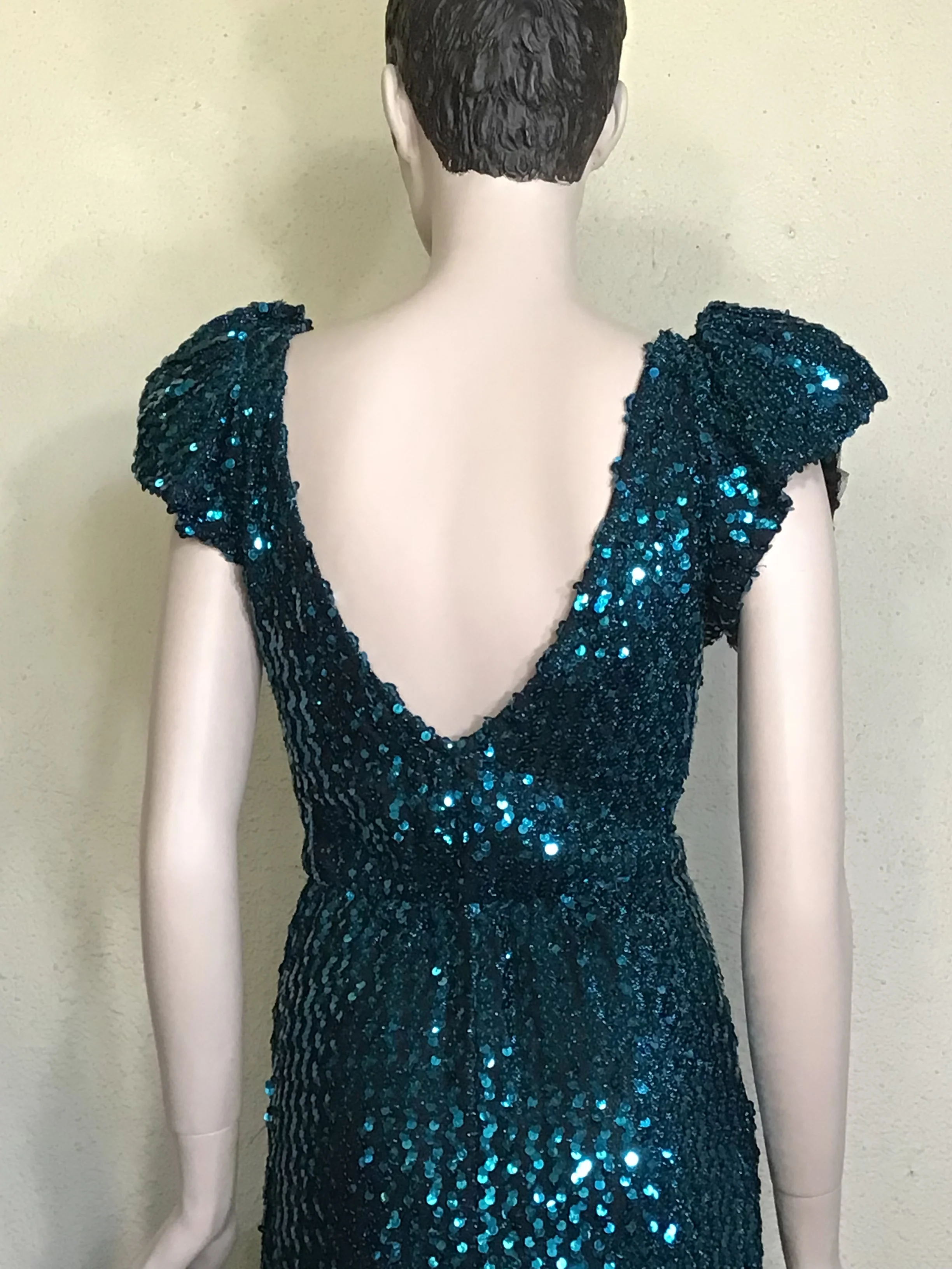 80s Turquoise Sequin Cutout V Back Metallic Mini Dress By Contempo Casuals - Image 4