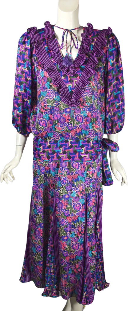 80s Two Piece Dress Purple Floral Stripe Print Ruffles By Diane Freis