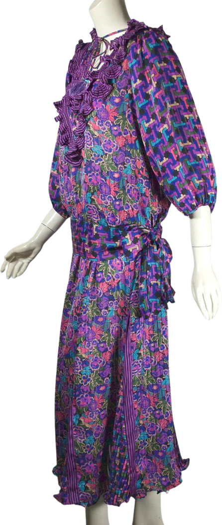80s Two Piece Dress Purple Floral Stripe Print Ruffles By Diane Freis - Image 2