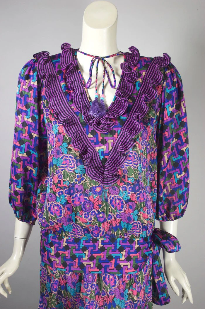 80s Two Piece Dress Purple Floral Stripe Print Ruffles By Diane Freis - Image 4