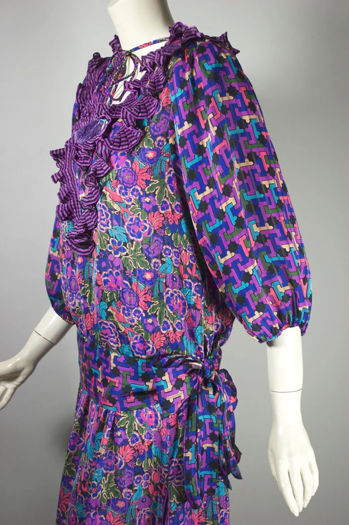 80s Two Piece Dress Purple Floral Stripe Print Ruffles By Diane Freis - Image 5